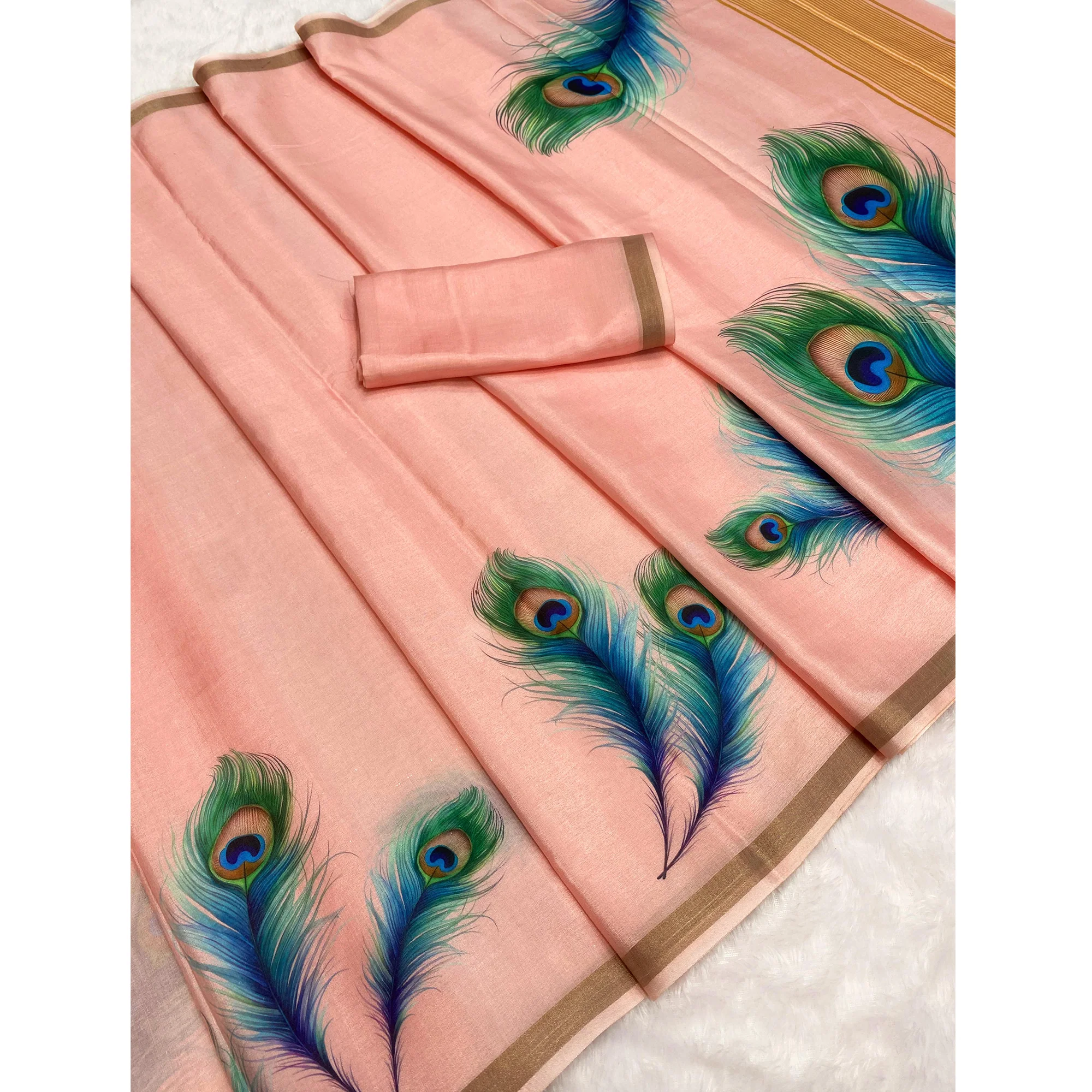 Charming Peach Soft Tussar Cotton Silk Saree With Peacock Feathers Print - Image 4
