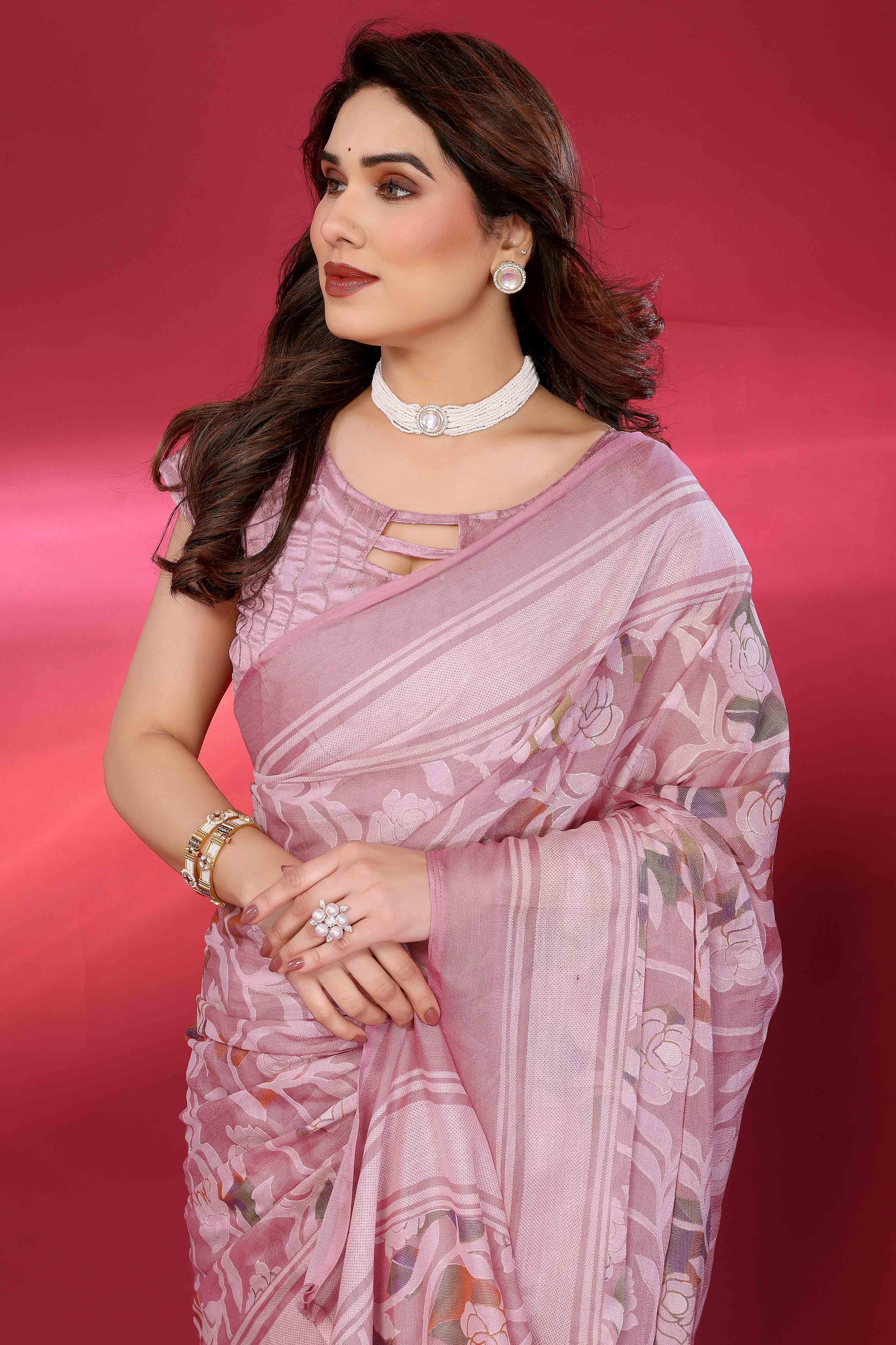 Charming Pink Brasso Chiffon Saree with Elegant Floral Foil Print - Image 5