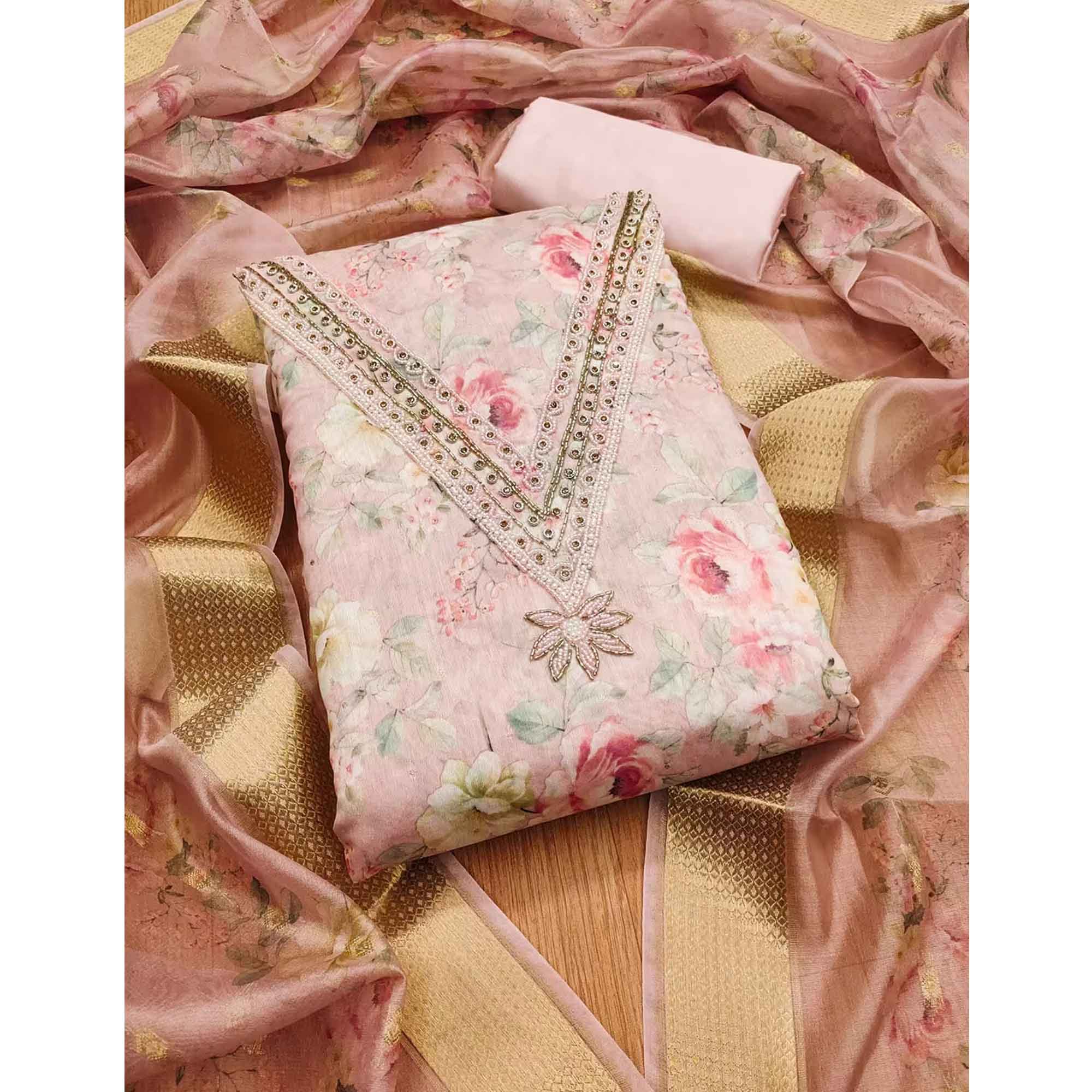 Charming Pink Floral Digital Printed Chanderi Silk Dress Material Adorned With Moti Khatli Work - Image 3