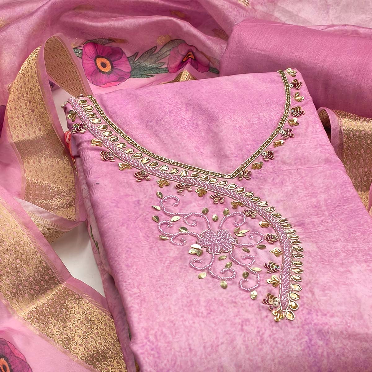 Charming Pink Floral Digital Printed Rayon Dress Material With Sequins & Moti Handwork - Image 2