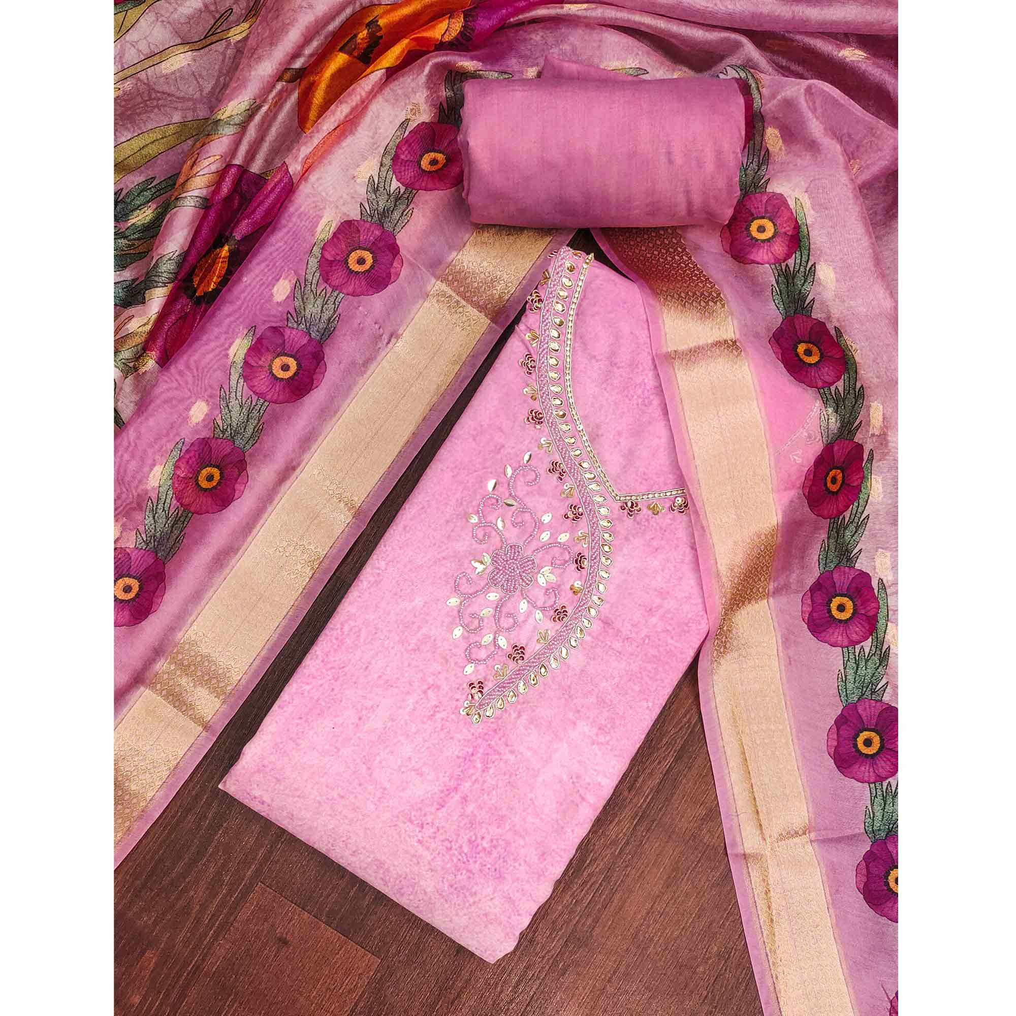 Charming Pink Floral Digital Printed Rayon Dress Material With Sequins & Moti Handwork - Image 3