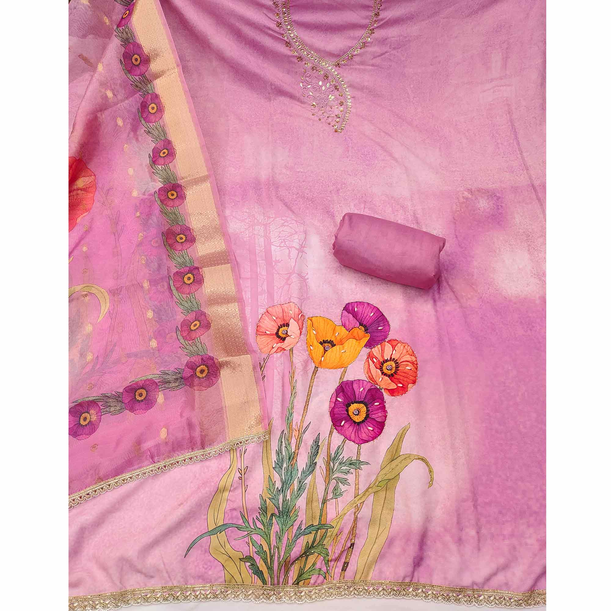 Charming Pink Floral Digital Printed Rayon Dress Material With Sequins & Moti Handwork - Image 4