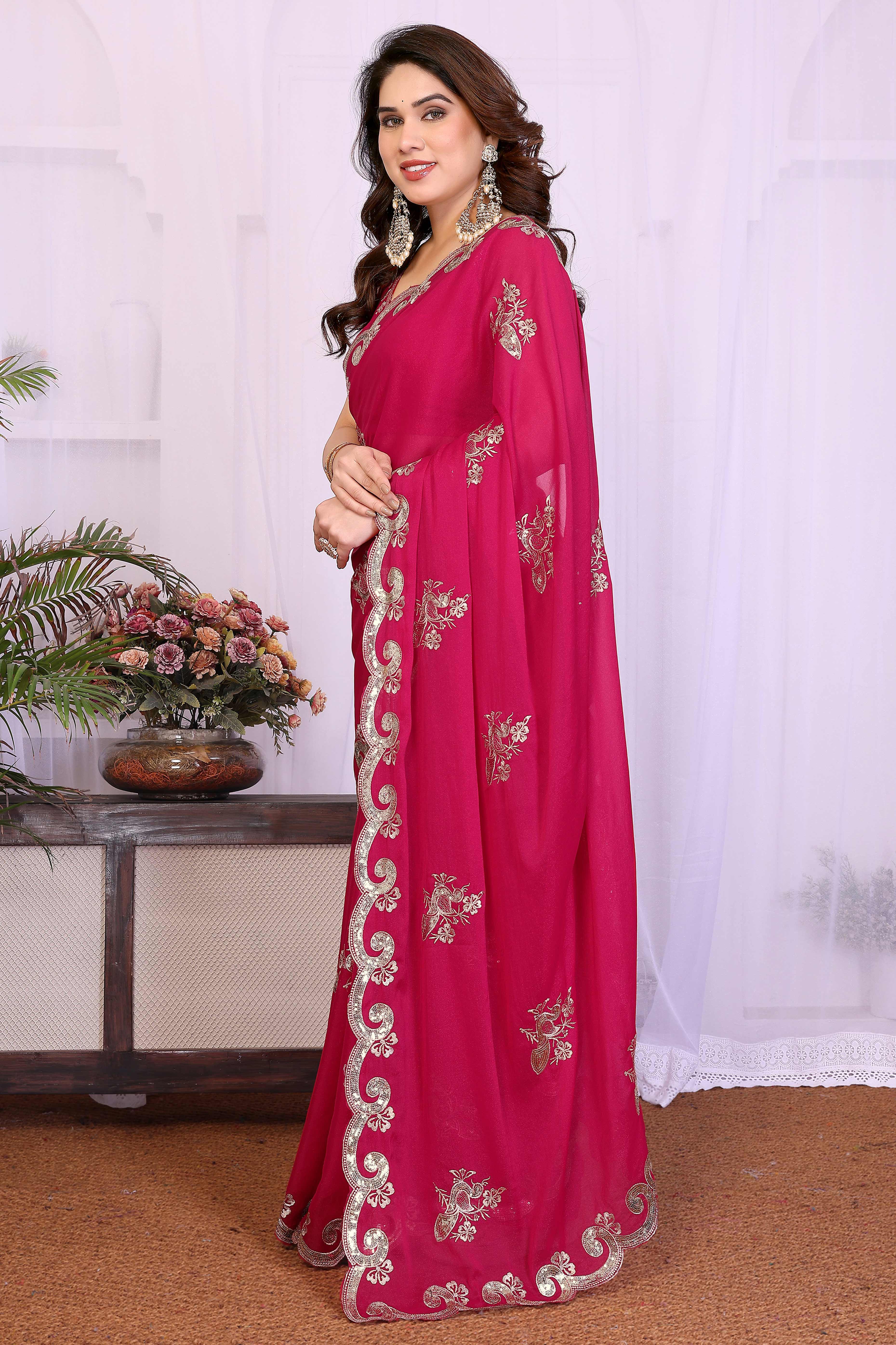 Charming Pink Floral & Peacock Motif Georgette Saree Enhanced With Sequins Embroidery - Image 3