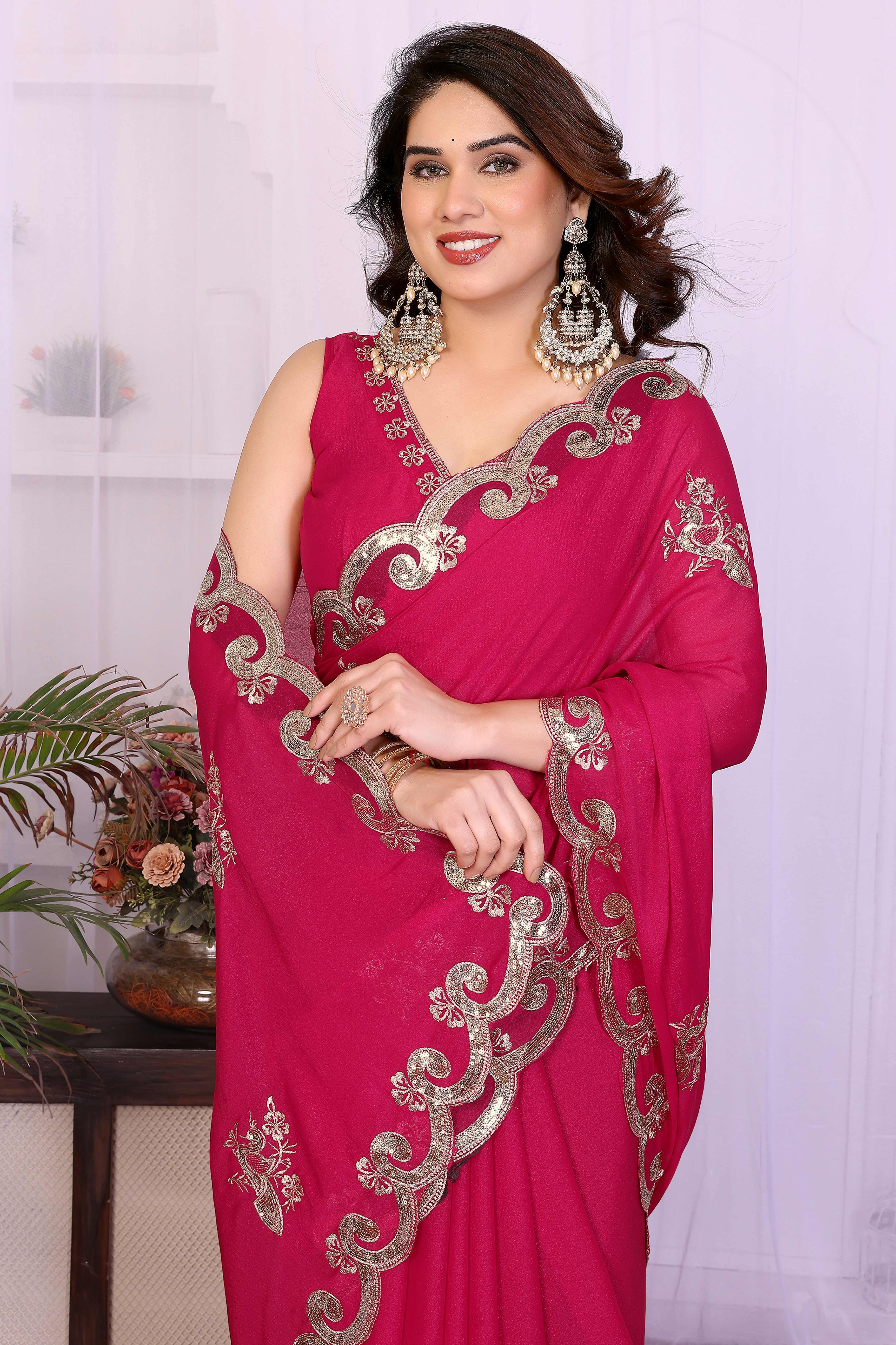 Charming Pink Floral & Peacock Motif Georgette Saree Enhanced With Sequins Embroidery - Image 5