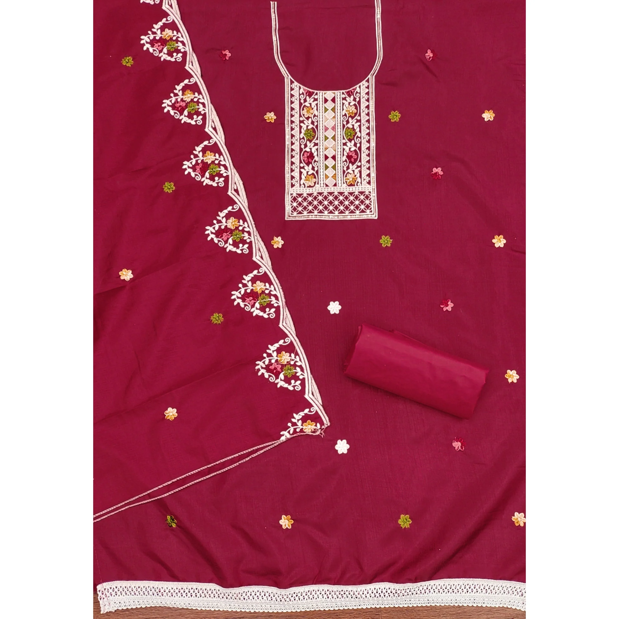 Charming Pink Floral Sequin Embroidered Cotton Blend Dress Material - Image 4