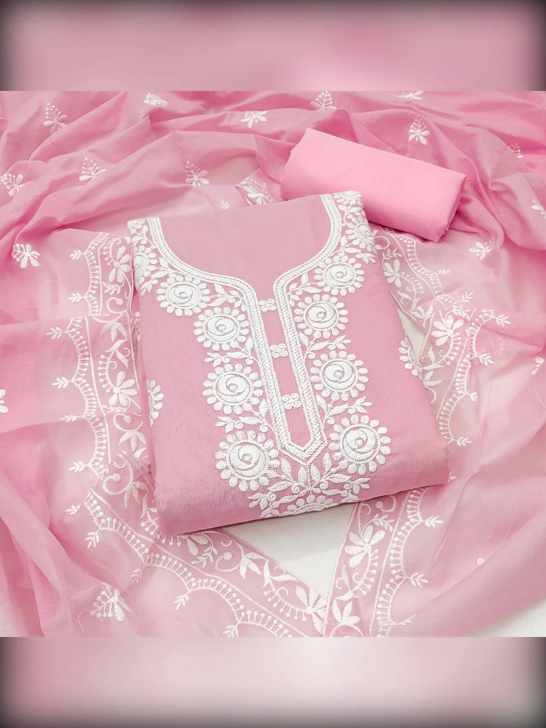Charming Pink Floral Thread Embroidered Work Chanderi Cotton Dress Material - Image 3