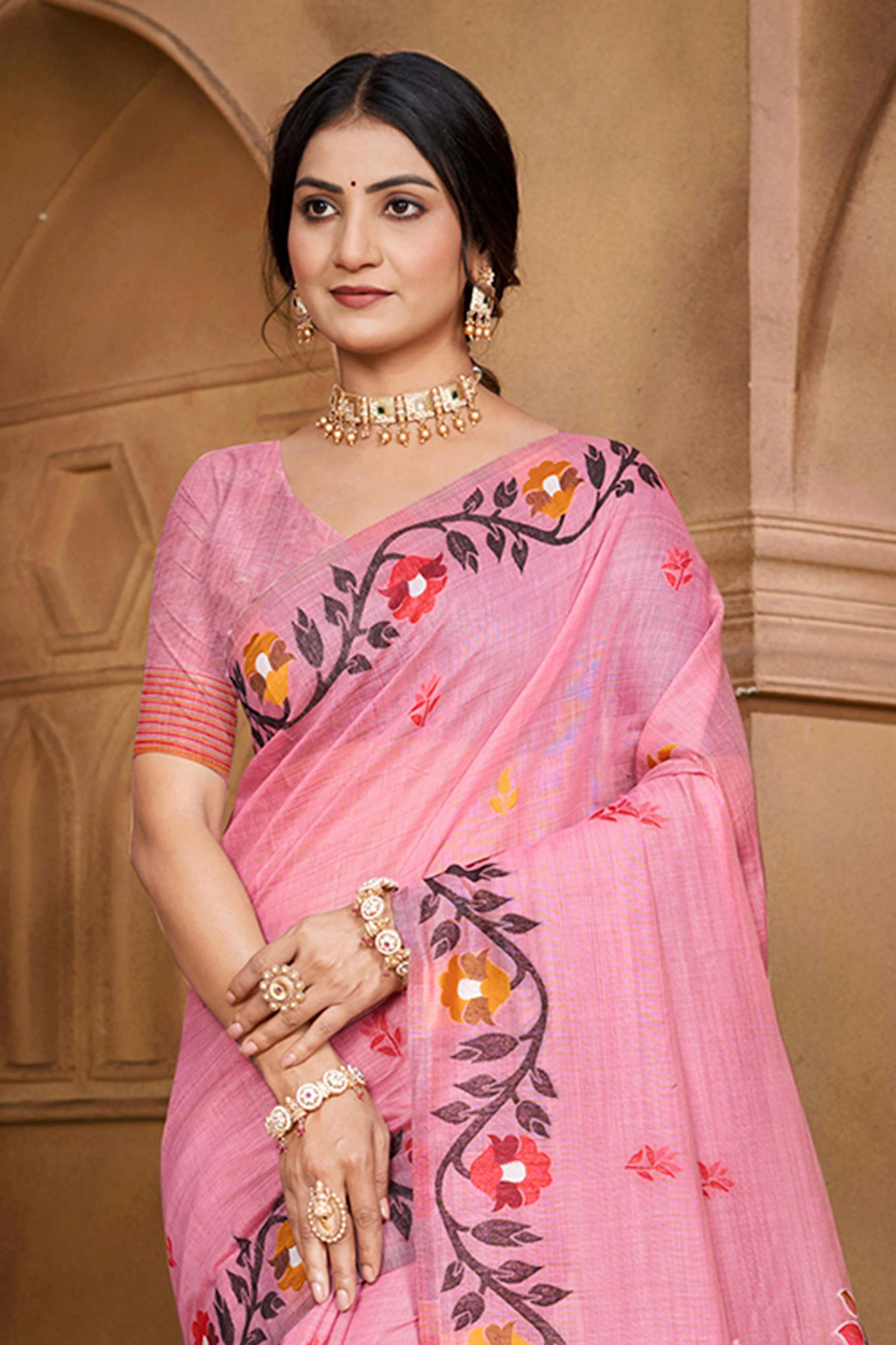 Charming Pink Floral Weaving Cotton Silk Saree Enhanced With Tree Motif Pallu With Tassel - Image 4