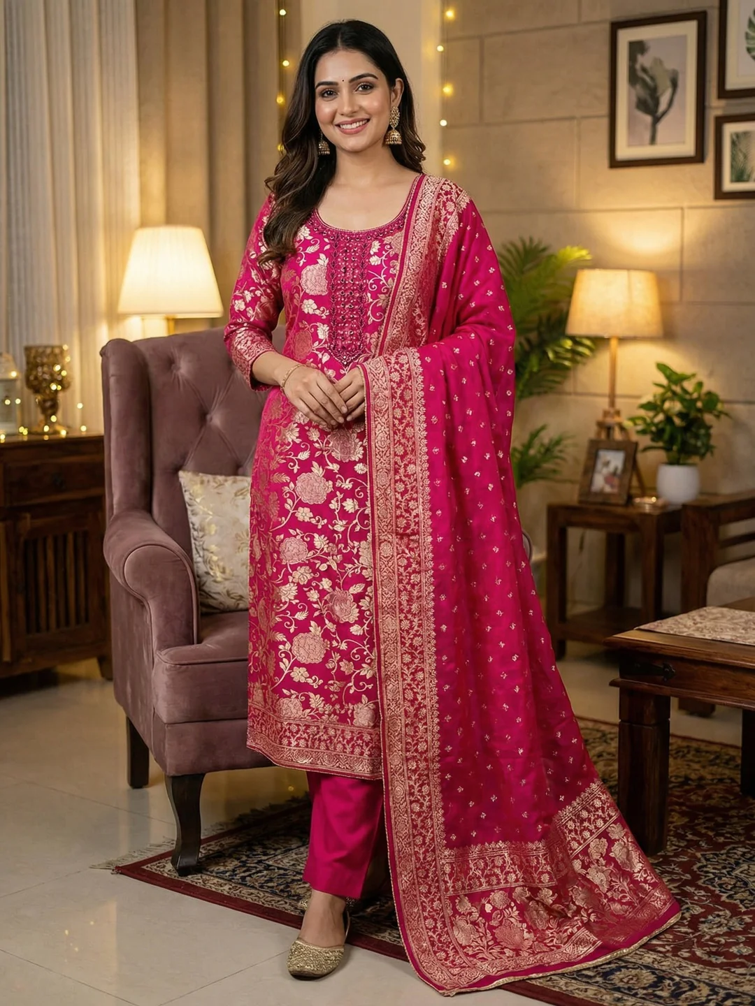 Charming Pink Floral Weaving Jacquard Dress Material Showcasing Refined Moti Handwork