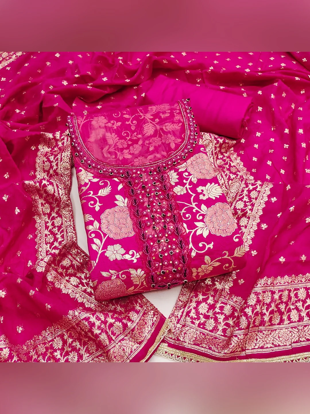 Charming Pink Floral Weaving Jacquard Dress Material Showcasing Refined Moti Handwork - Image 3