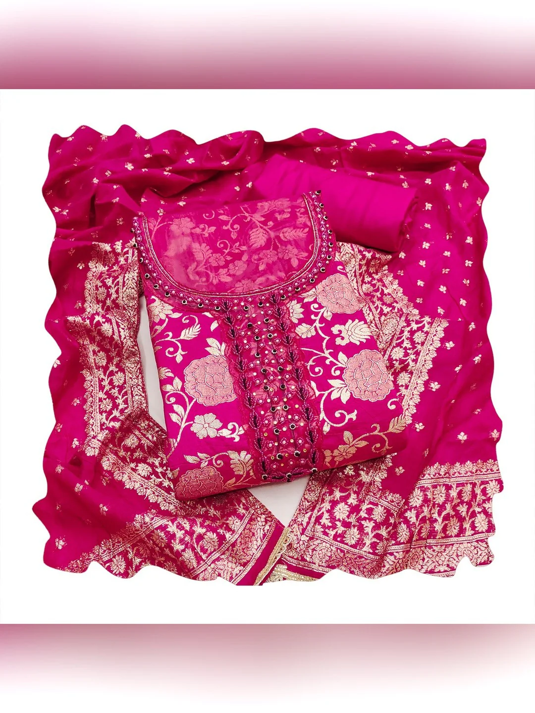 Charming Pink Floral Weaving Jacquard Dress Material Showcasing Refined Moti Handwork - Image 4