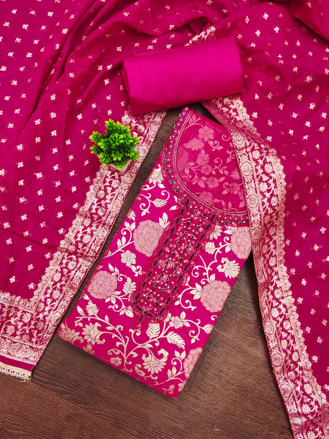 Charming Pink Floral Weaving Jacquard Dress Material Showcasing Refined Moti Handwork - Image 5