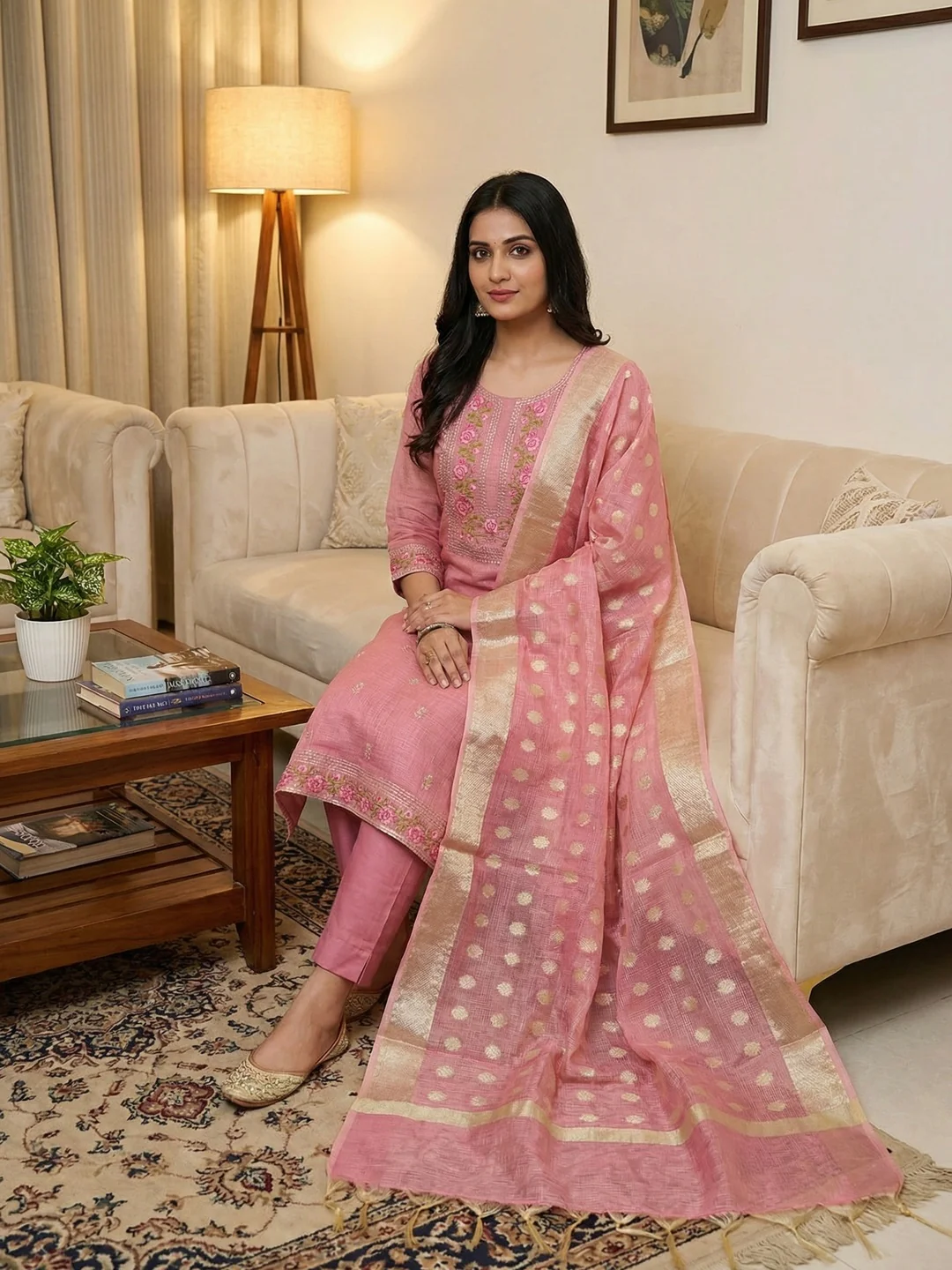 Charming Pink Kota Doria Banarasi Dress Material Enhanced With Fine Floral Threadwork Embroidery