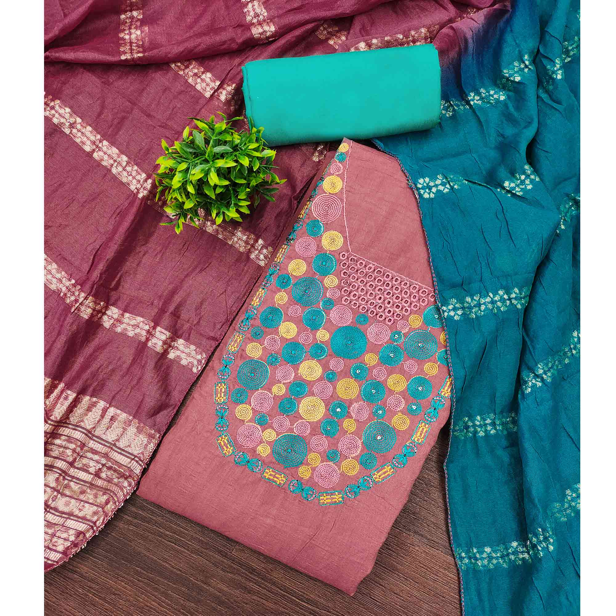 Charming Pink Thread Embroidered Cotton Blend Dress Material With Sequins & Gota Patti Accents - Image 3