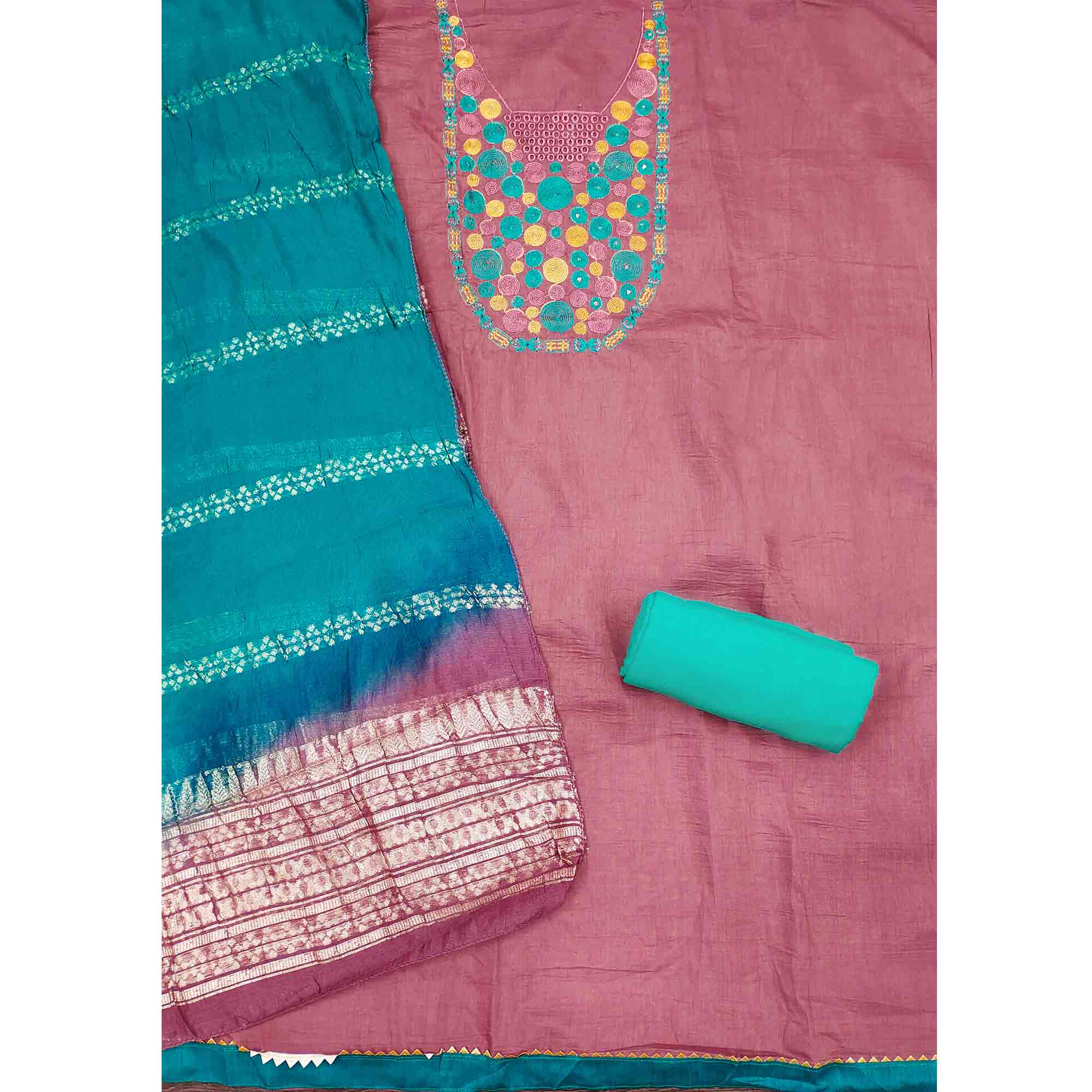 Charming Pink Thread Embroidered Cotton Blend Dress Material With Sequins & Gota Patti Accents - Image 4