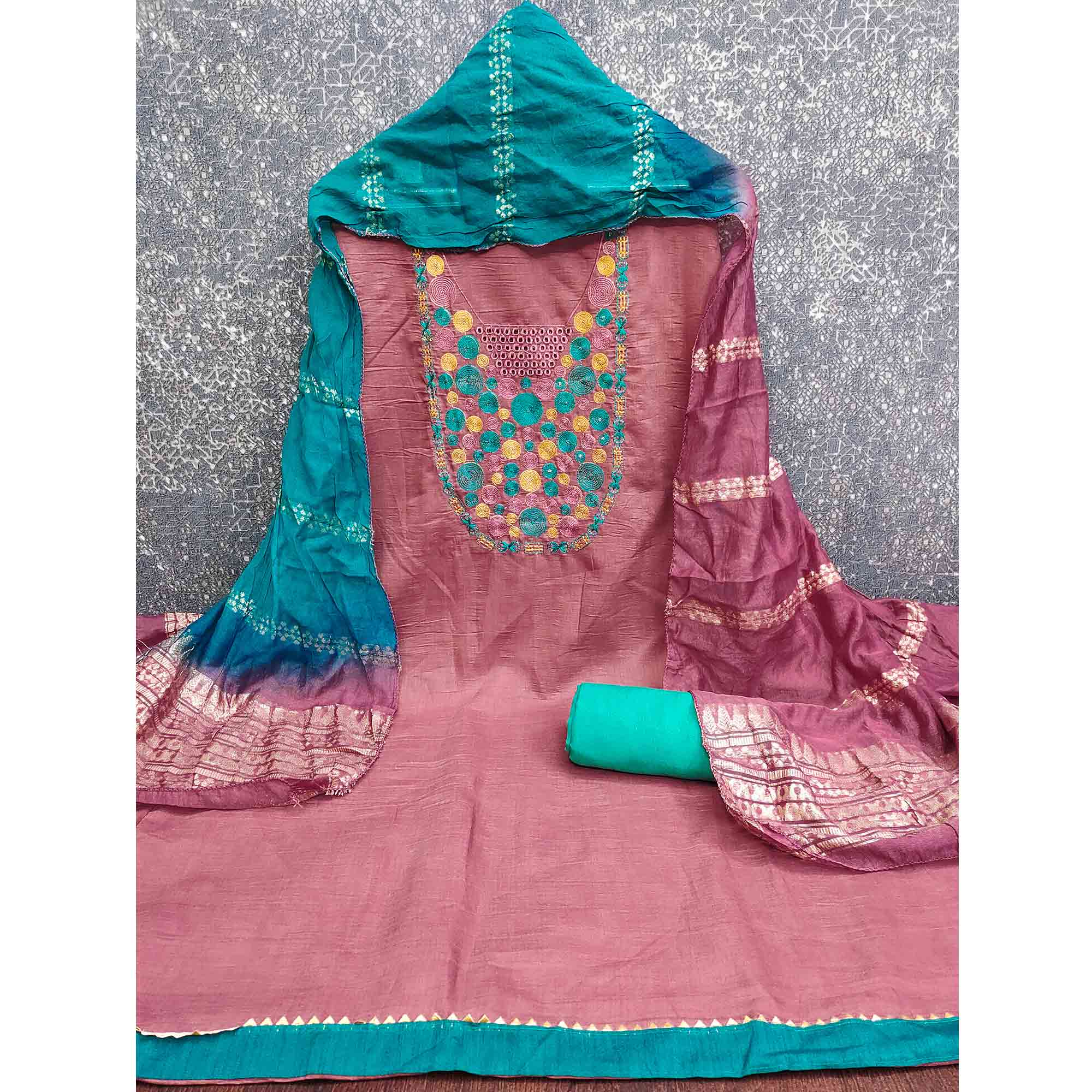 Charming Pink Thread Embroidered Cotton Blend Dress Material With Sequins & Gota Patti Accents - Image 5