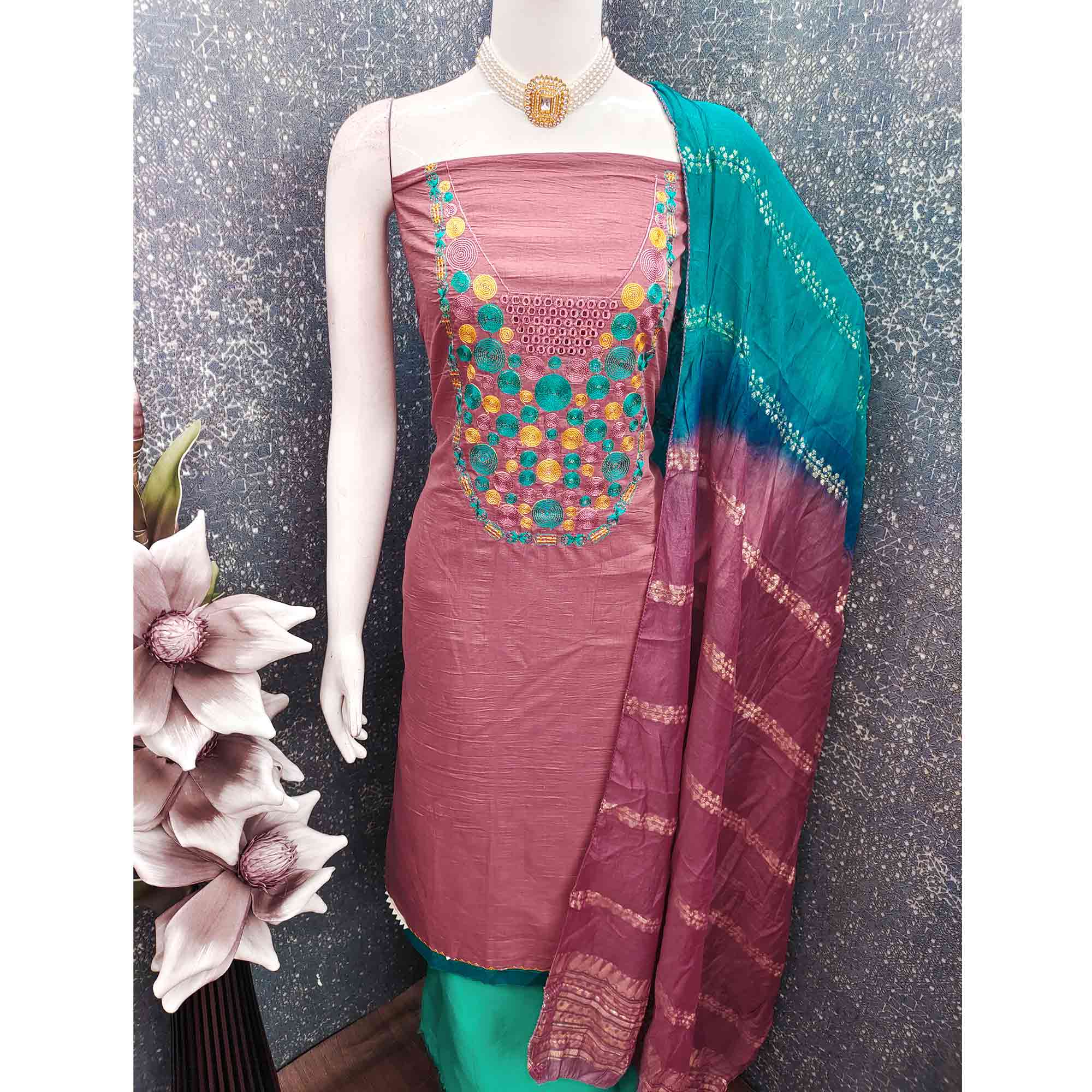 Charming Pink Thread Embroidered Cotton Blend Dress Material With Sequins & Gota Patti Accents - Image 7