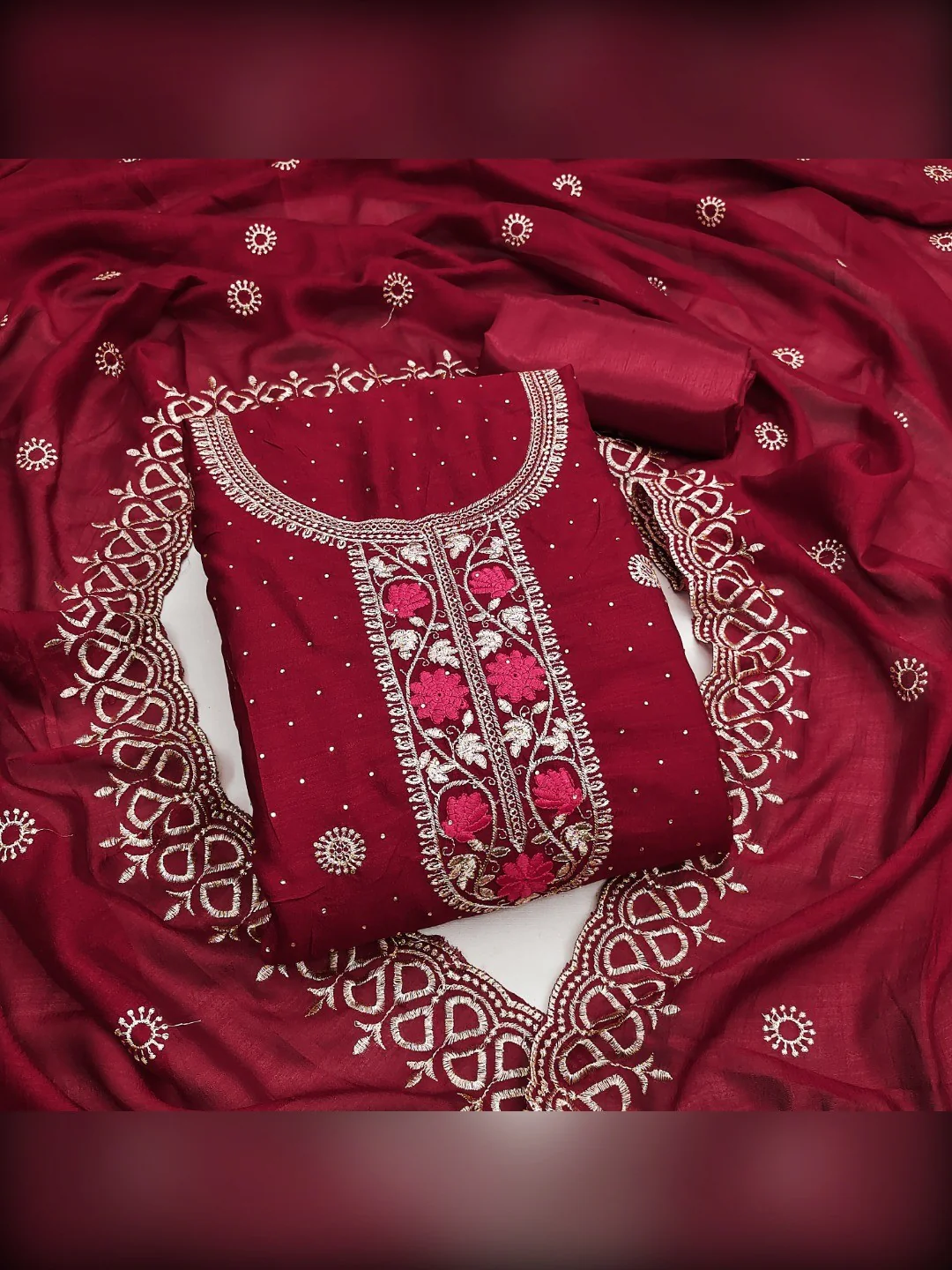 Charming Red Floral Embroidery With Sparkling Diamond Work Vichitra Silk Dress Material - Image 6