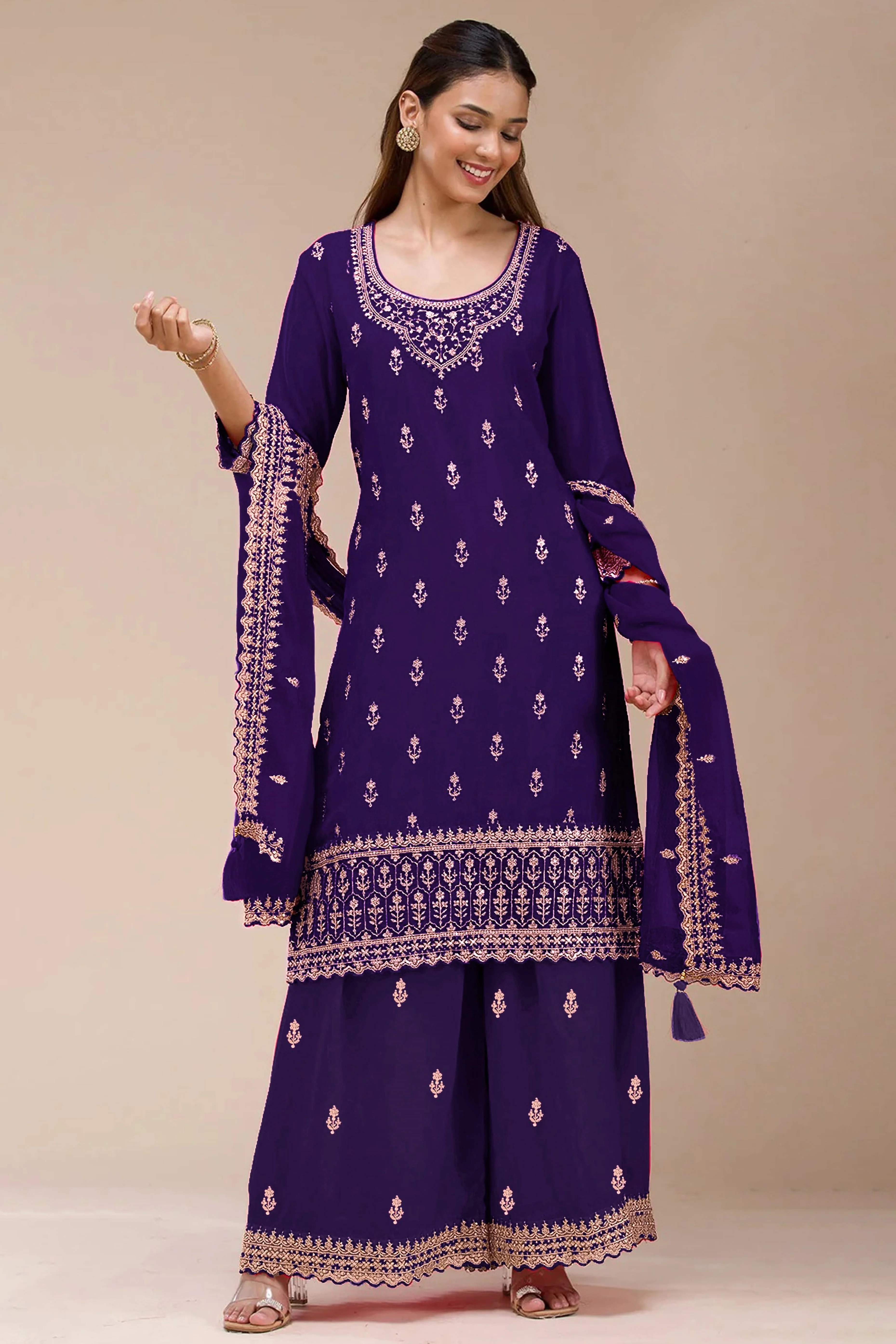 Charming Royal Purple  Floral Sequins Embroidered Georgette Semi Stitched Pakistani Salwar Suit