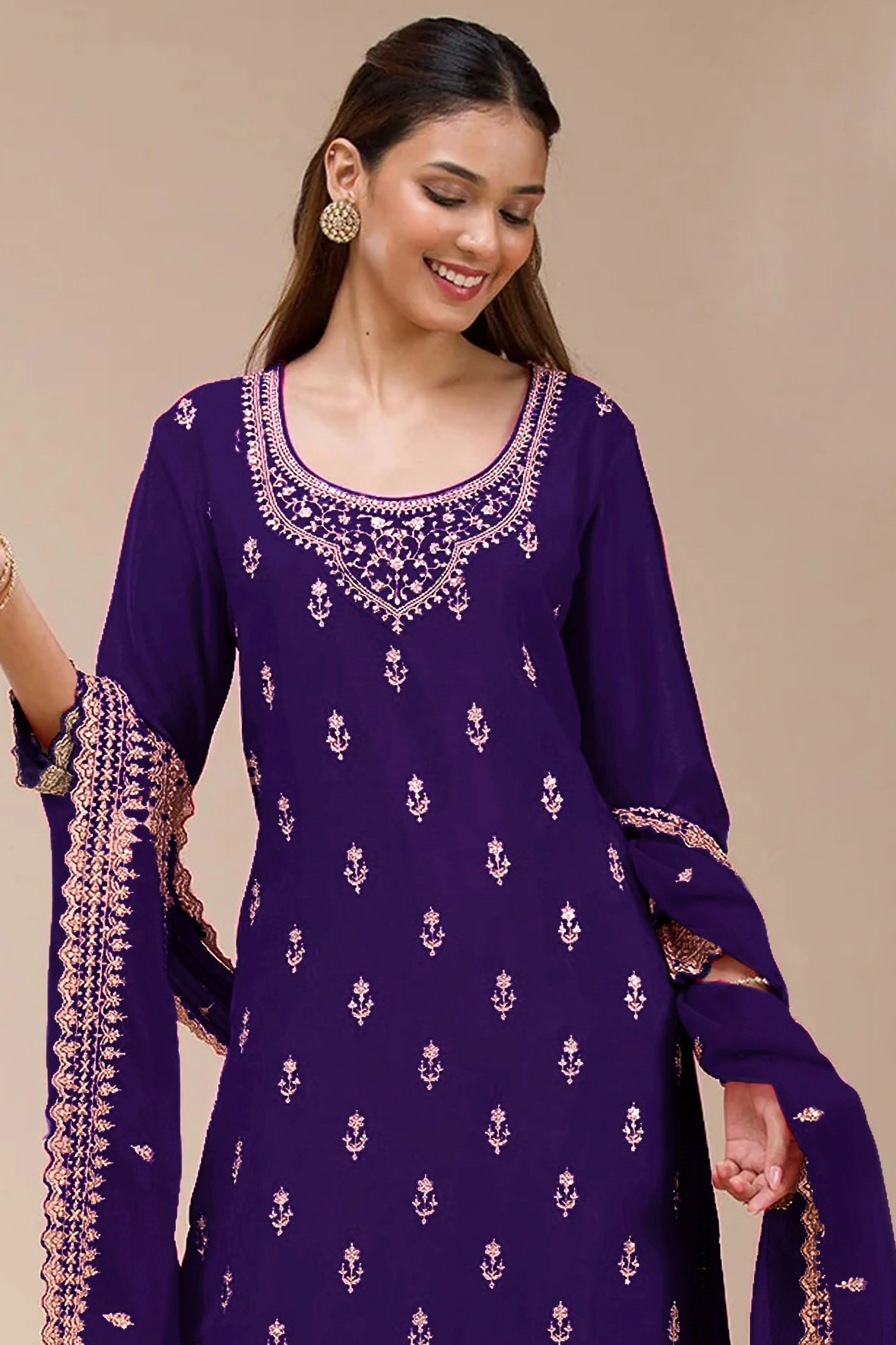 Charming Royal Purple  Floral Sequins Embroidered Georgette Semi Stitched Pakistani Salwar Suit - Image 3
