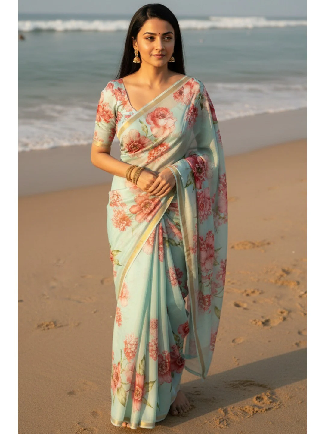 Charming Sea Green Floral Printed Chanderi Cotton Saree Highlighted By Intricate Zari Border Work