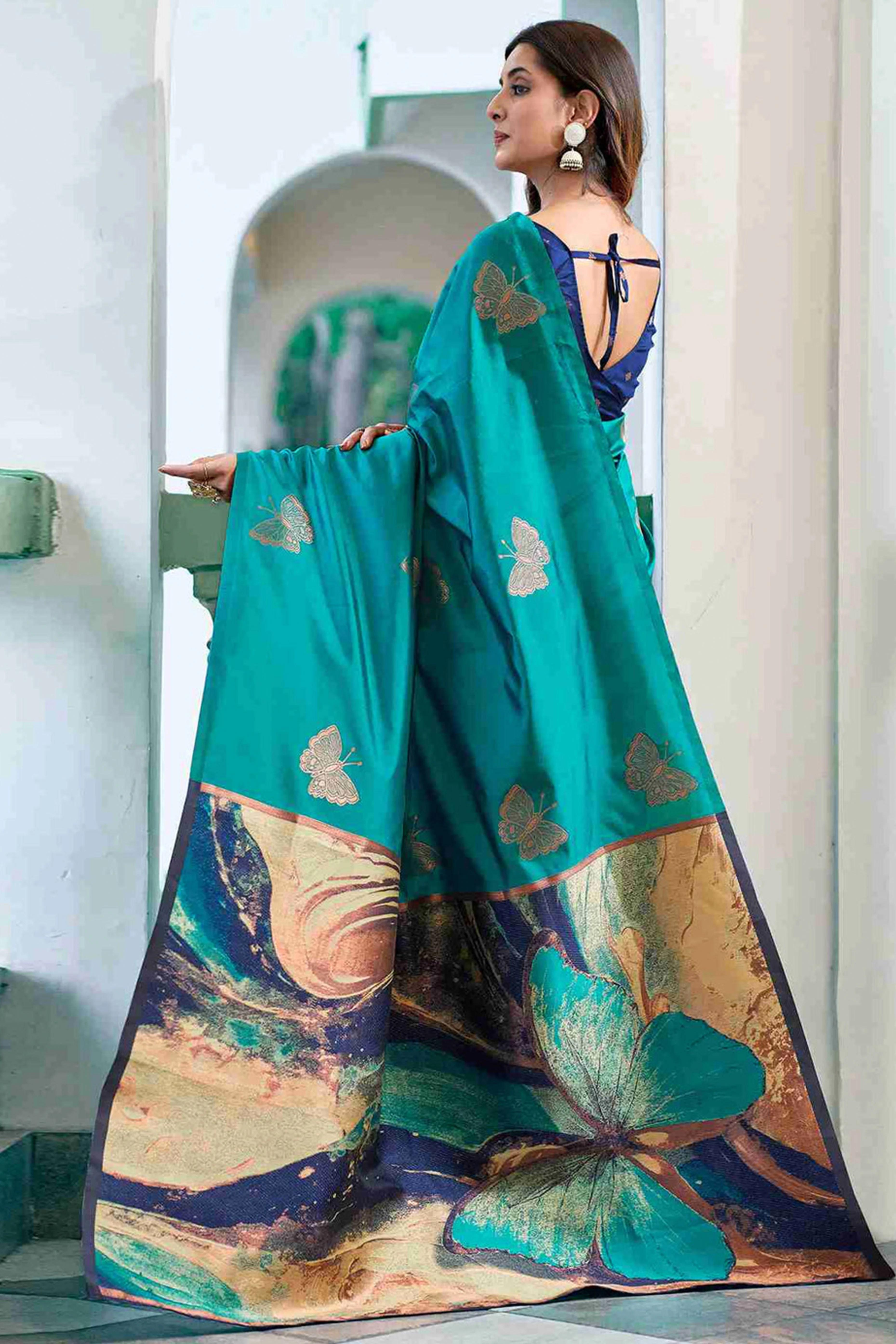 Charming Teal Banarasi Silk Saree Highlighted With Butterfly Motif Zari Work - Image 5
