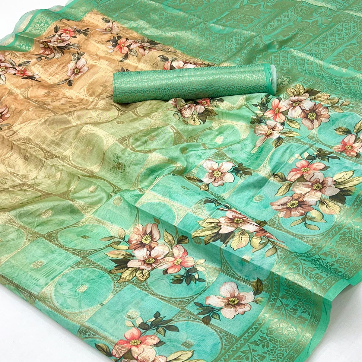 Charming Turquoise & Cream Floral Zari Weaving Silk Blend Saree With Digital Printed - Image 2