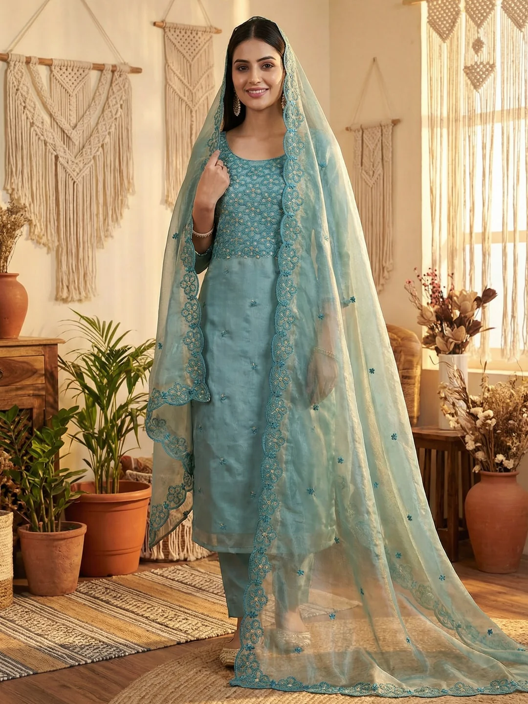 Charming Turquoise Floral Embroidery Organza Satin Silk Dress Material With Sequins Work