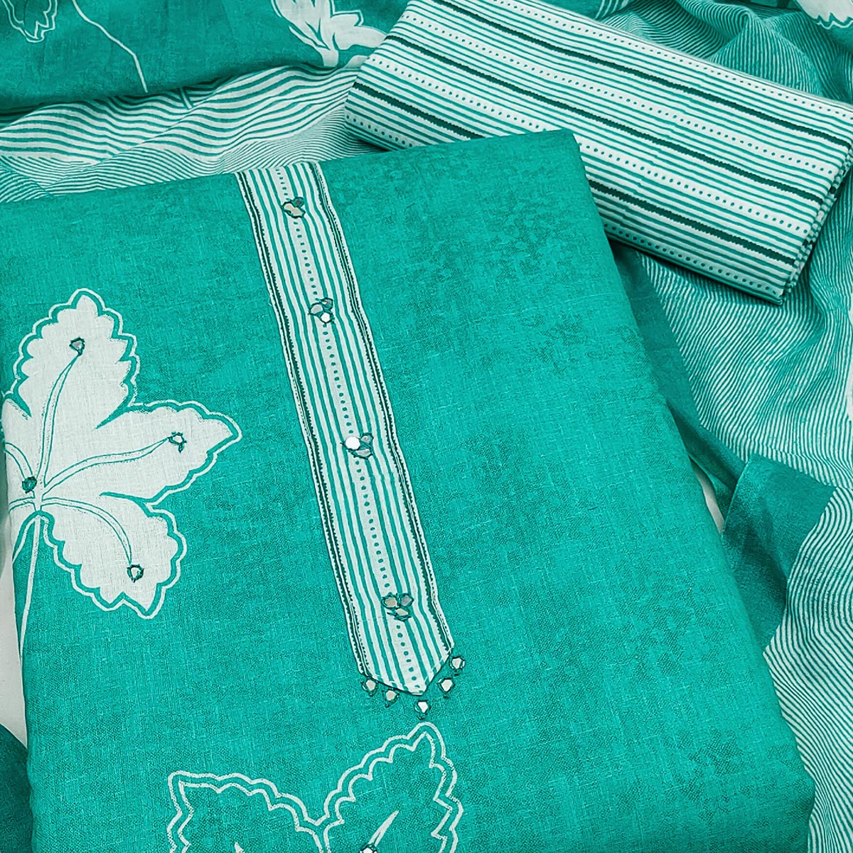 Charming Turquoise Floral & Leaf Printed Pure Cotton Dress Material Featuring Subtle Embroidery Work - Image 2