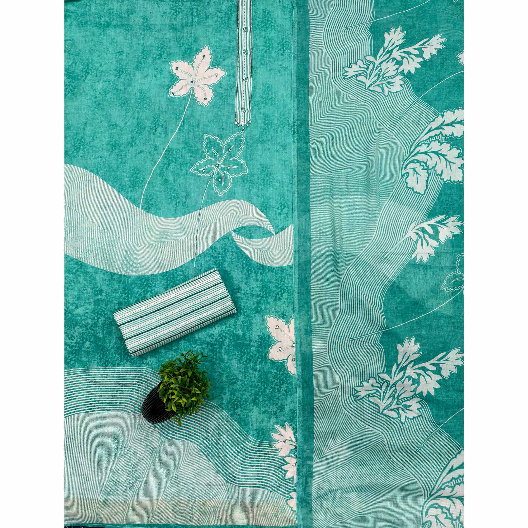 Charming Turquoise Floral & Leaf Printed Pure Cotton Dress Material Featuring Subtle Embroidery Work - Image 3
