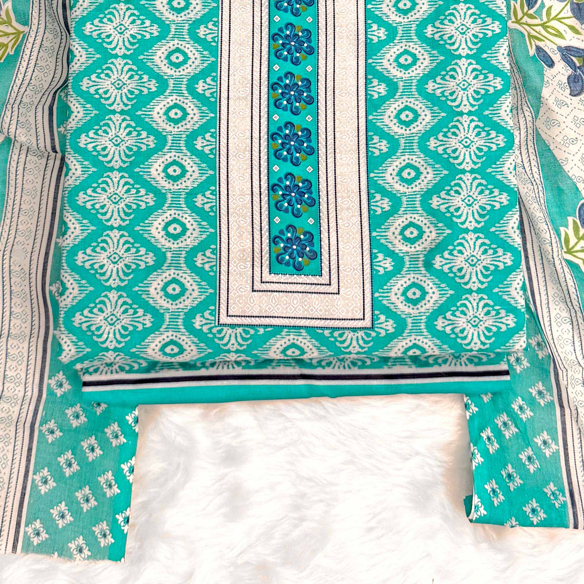 Charming Turquoise Pure Cotton Dress Material With Delicate Floral Print - Image 4
