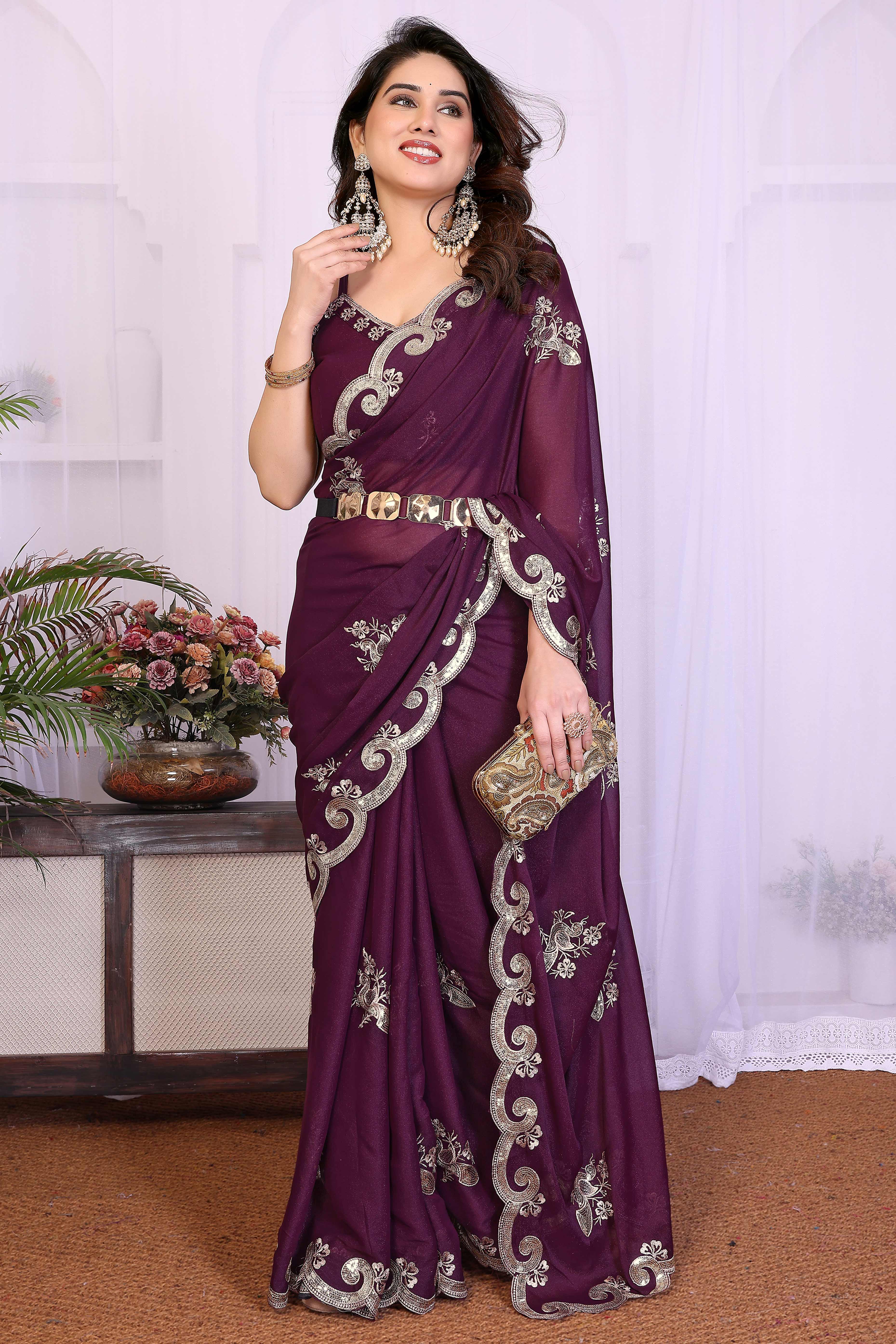 Charming Wine Floral & Peacock Motif Georgette Saree Enhanced With Sequins Embroidery - Image 3