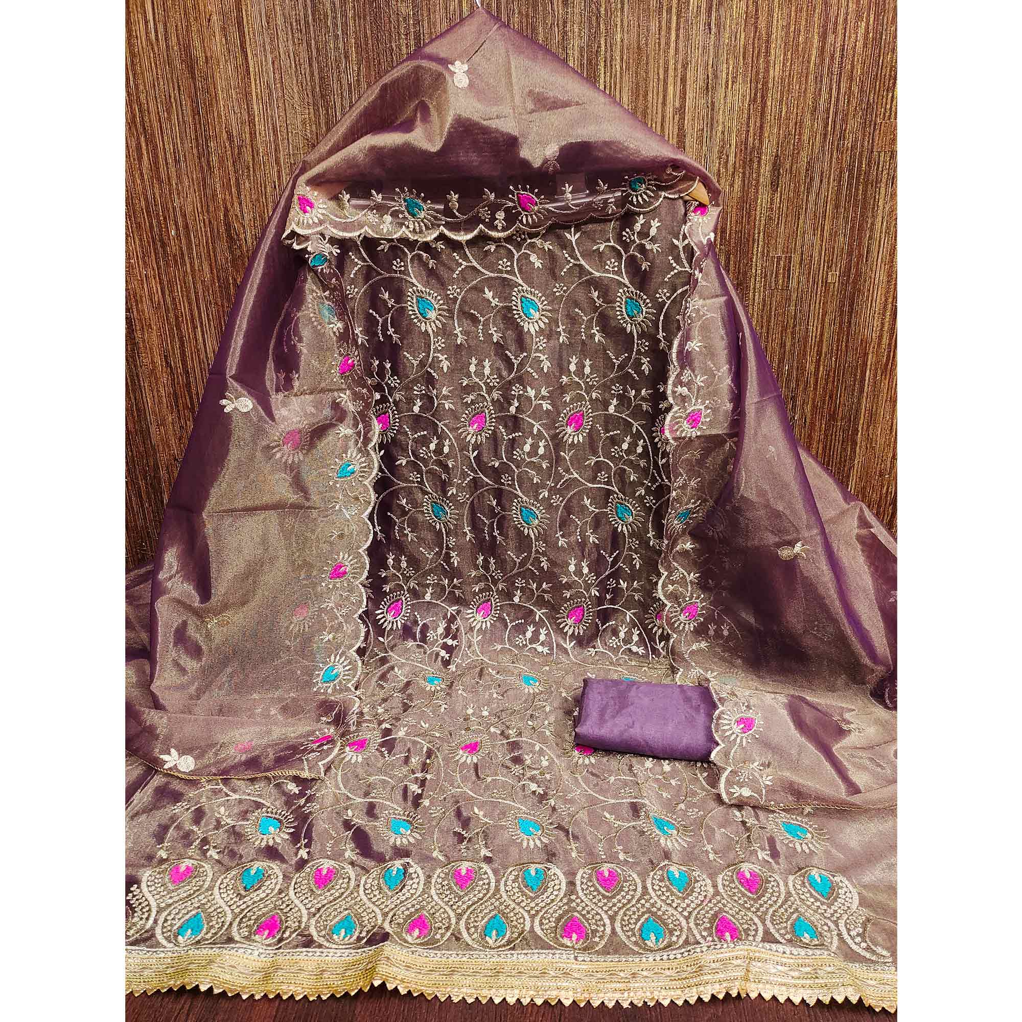 Charming Wine Organza Dress Material with Exquisite Floral Thread & Zari Embroidery - Image 4
