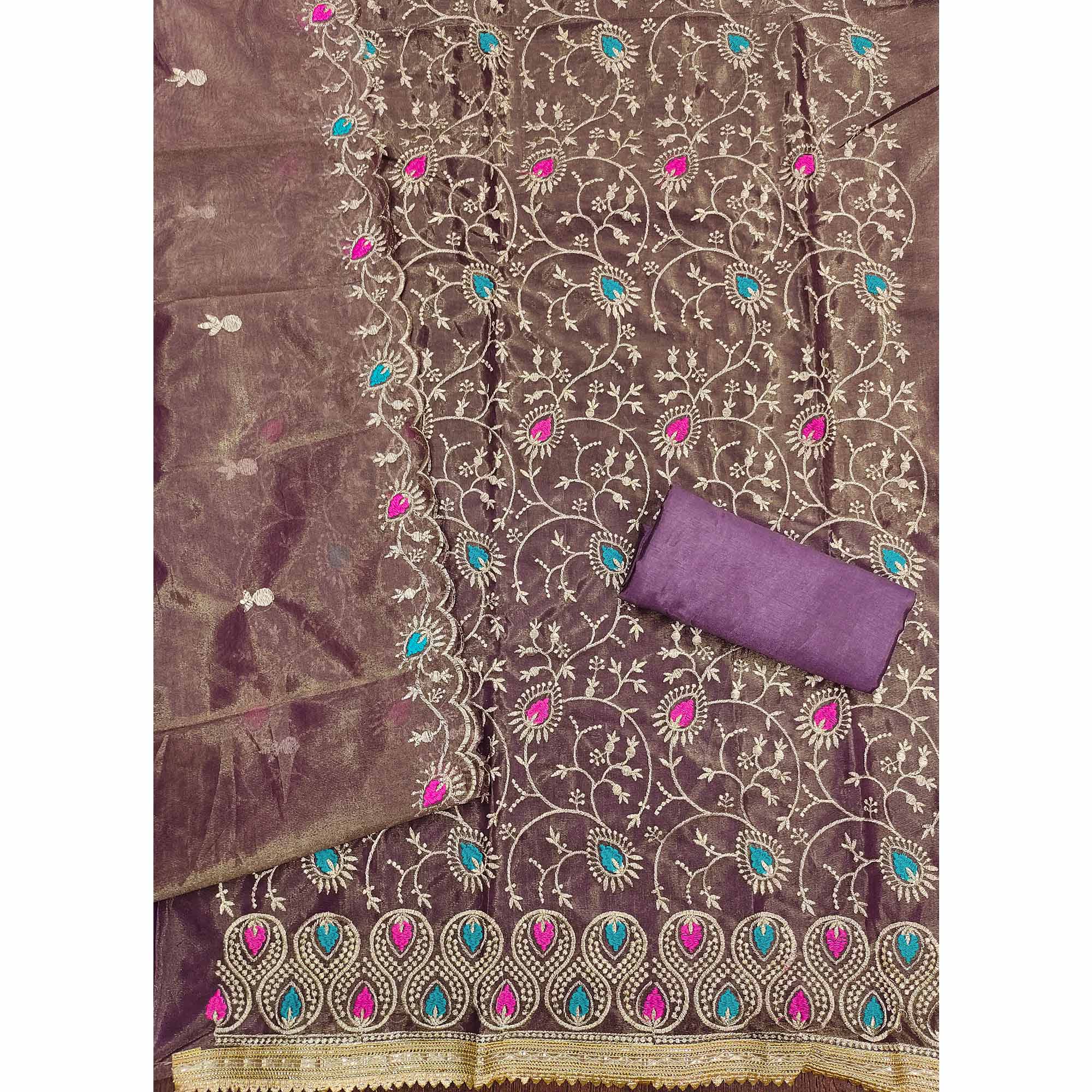 Charming Wine Organza Dress Material with Exquisite Floral Thread & Zari Embroidery - Image 5