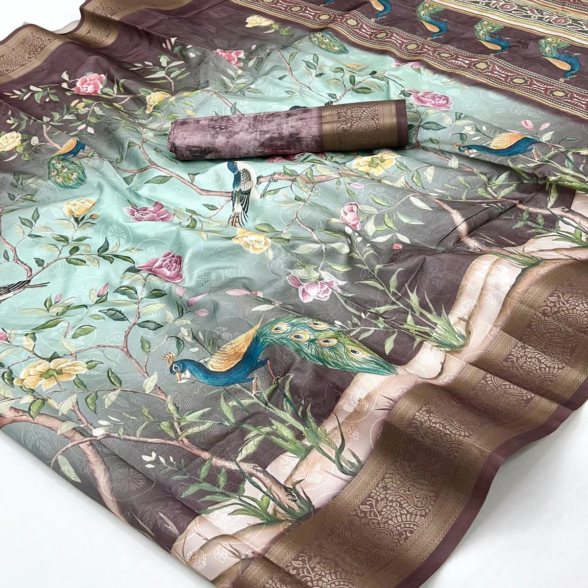 Charming Wine Weaving Silk Blend Saree Adorned With Floral & Peacock Digital Prints - Image 2