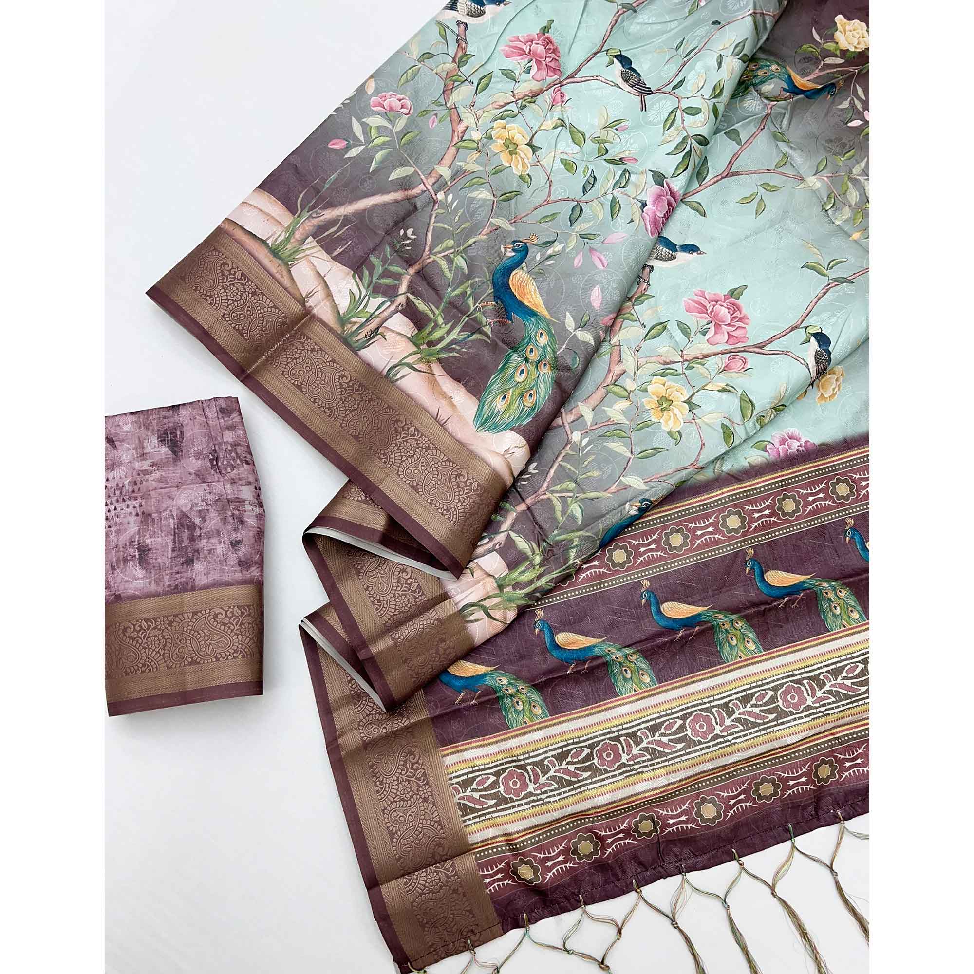Charming Wine Weaving Silk Blend Saree Adorned With Floral & Peacock Digital Prints - Image 3