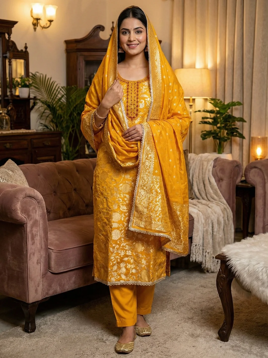 Charming Yellow Floral Weaving Jacquard Dress Material Showcasing Refined Moti Handwork
