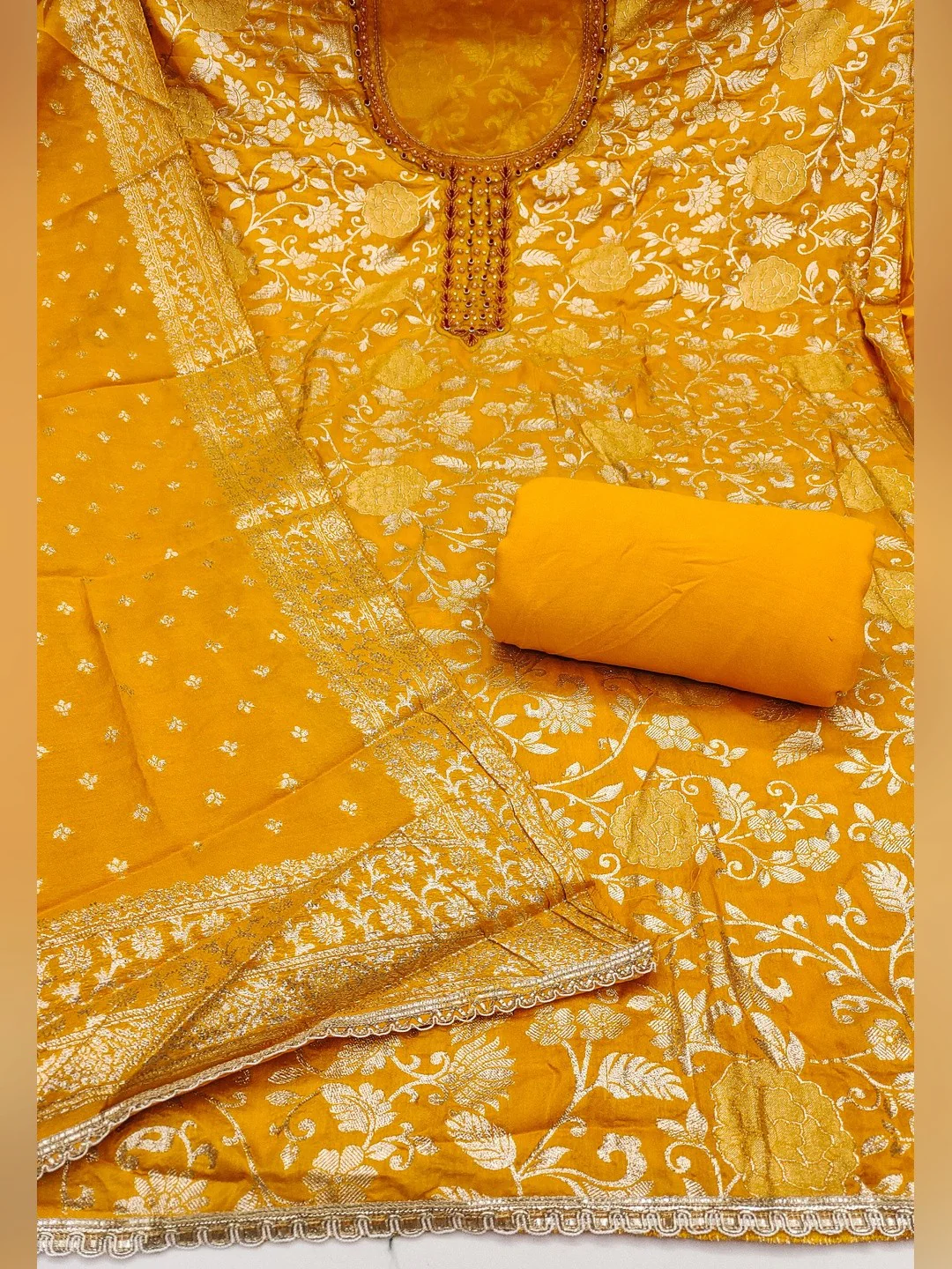 Charming Yellow Floral Weaving Jacquard Dress Material Showcasing Refined Moti Handwork - Image 2