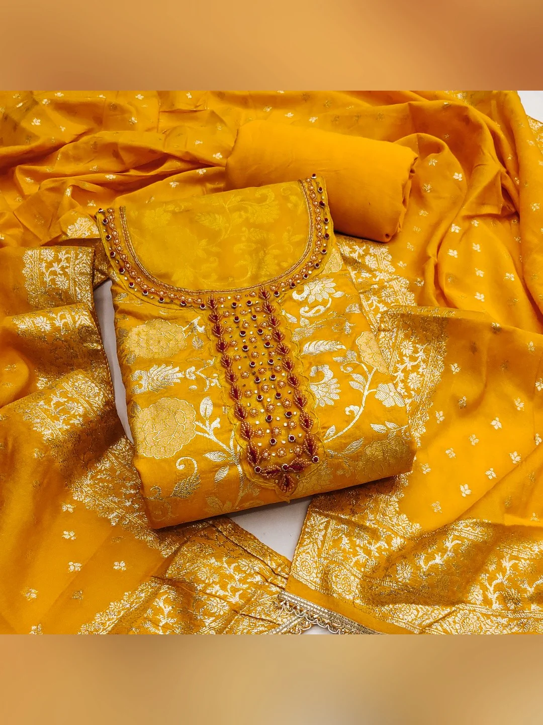 Charming Yellow Floral Weaving Jacquard Dress Material Showcasing Refined Moti Handwork - Image 3