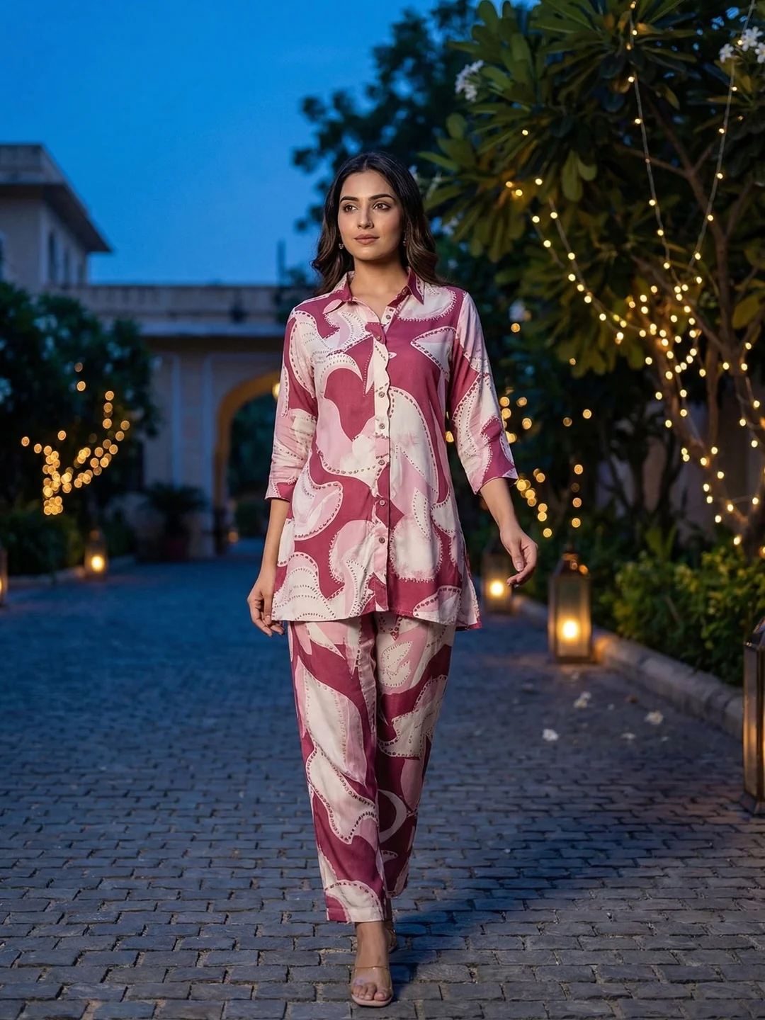 Cherry Pink Abstract Printed Rayon Two Piece Outfit with Soft Fabric and Modern Look