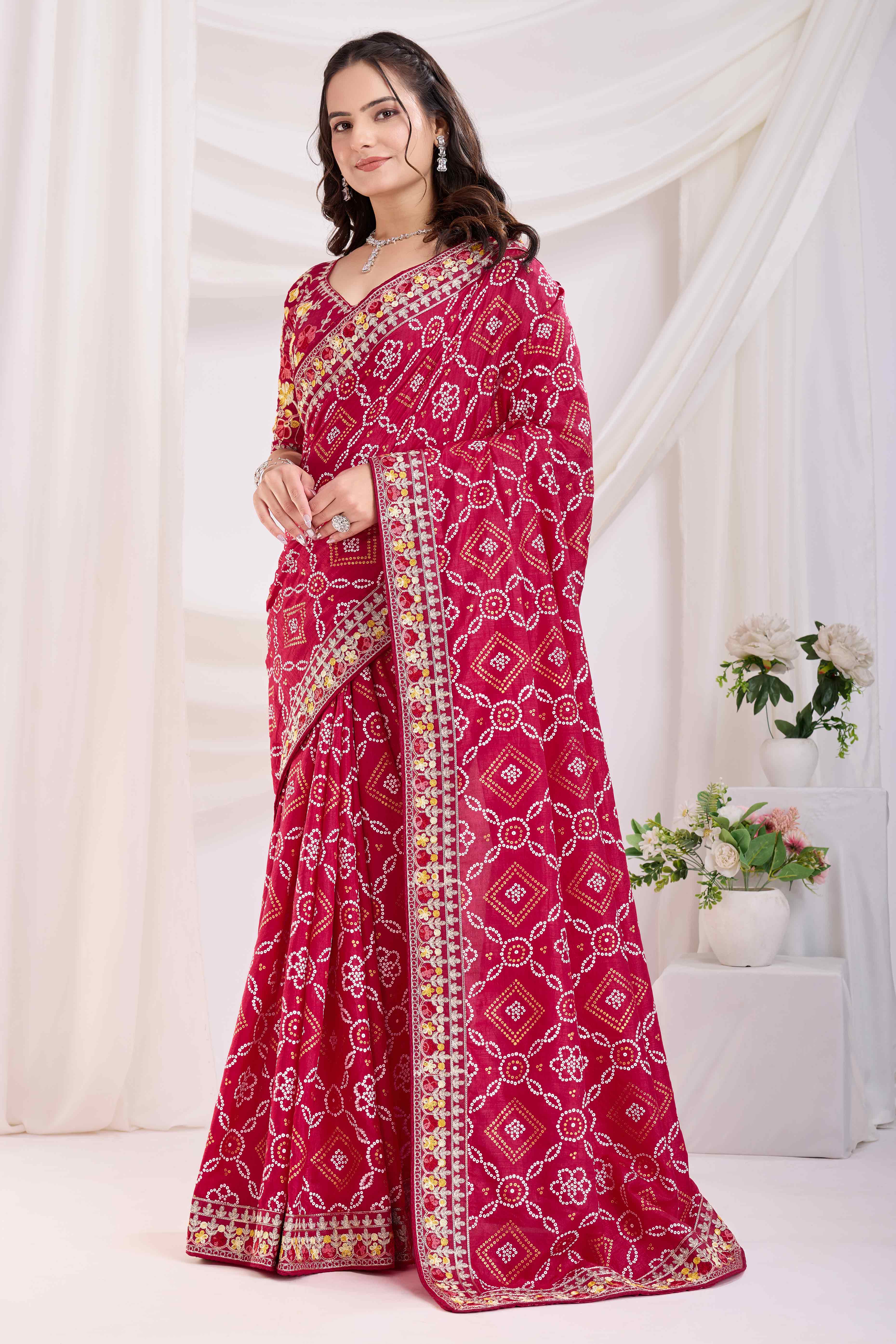 Cherry Red Bandhani Printed Vichitra Silk Saree With Embroidery Border - Image 3