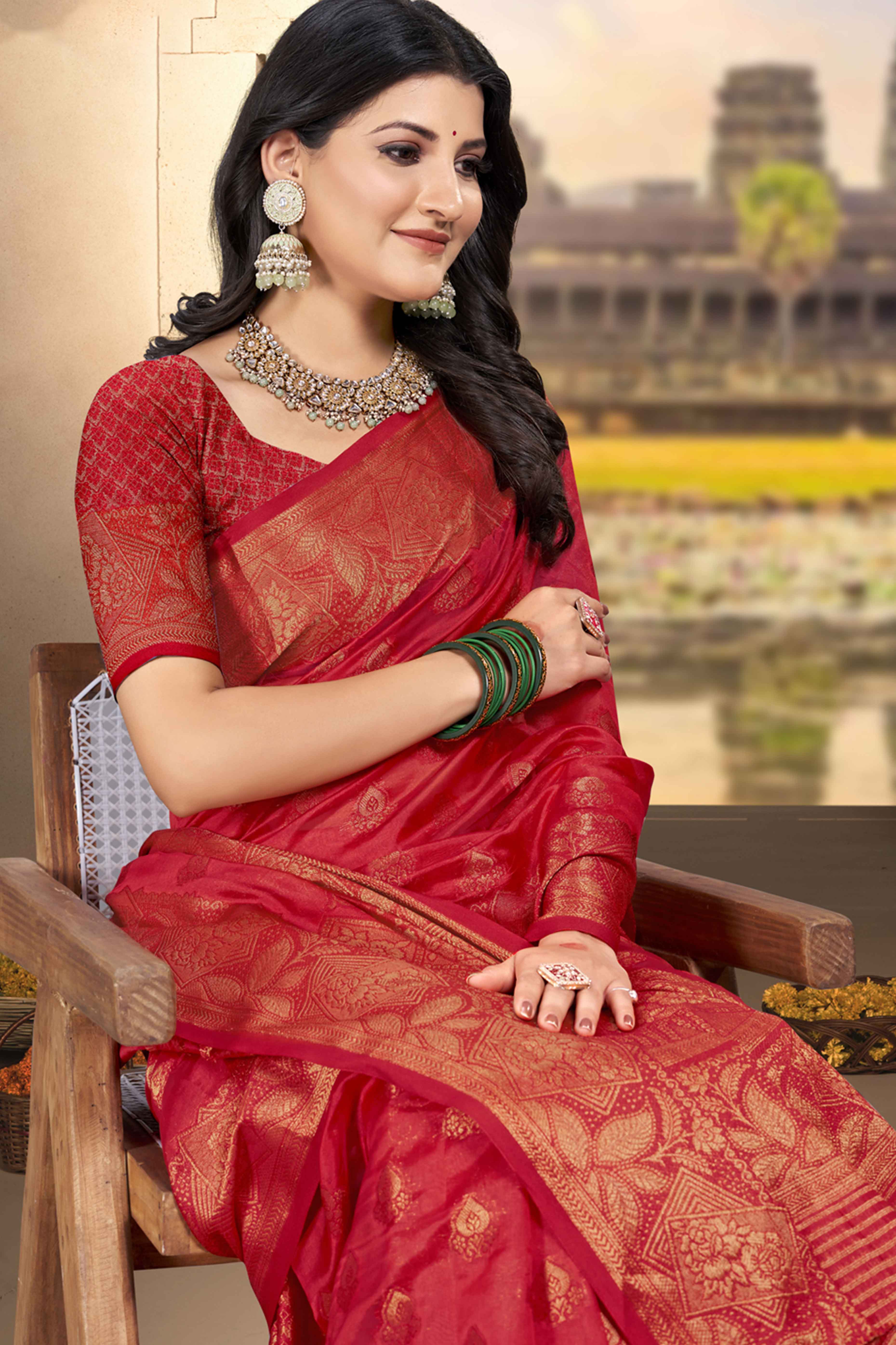 Cherry Red Floral Woven Cotton Silk Saree - Image 3