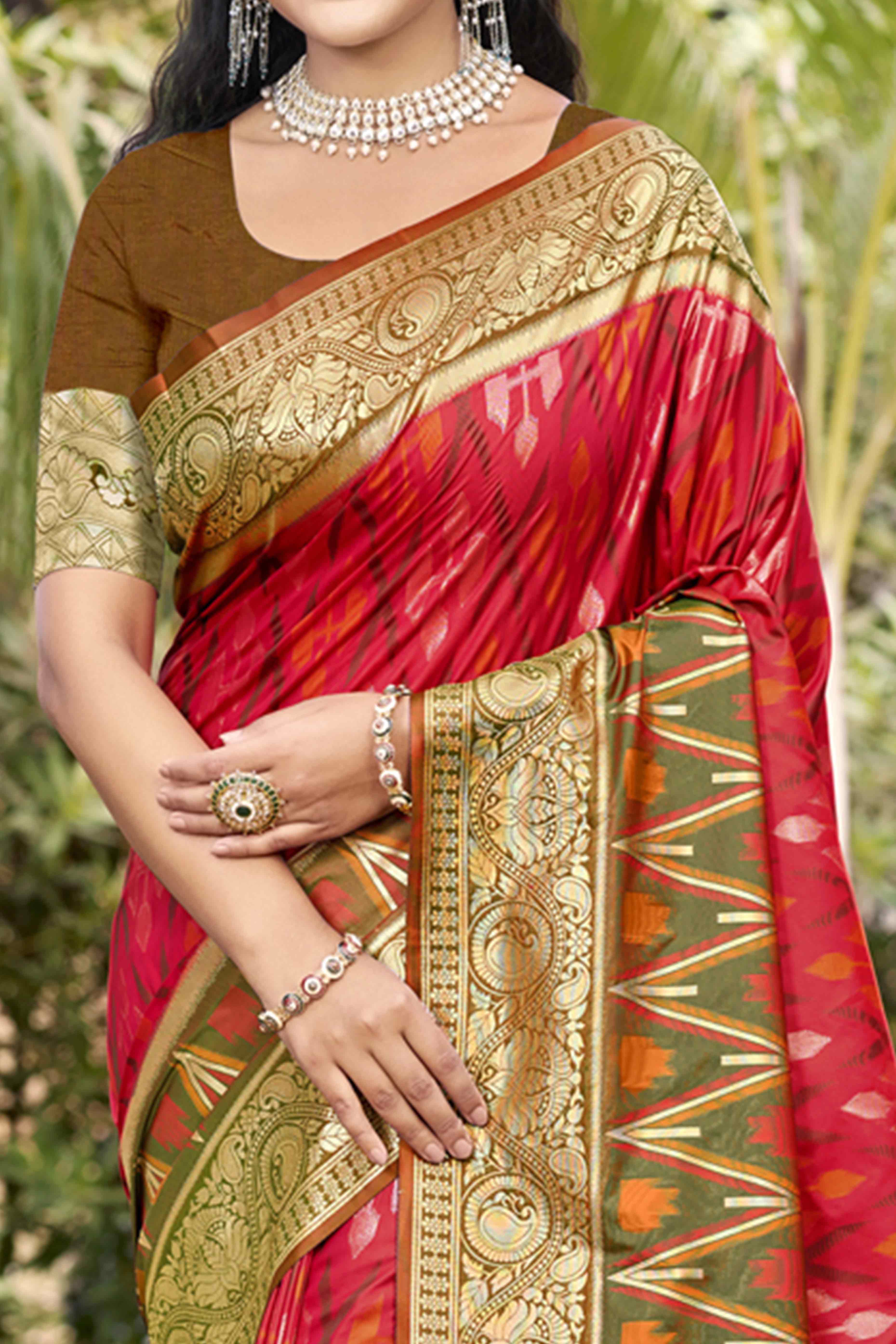 Cherry Red & Green Woven Cotton Silk Saree With Tassels - Image 2