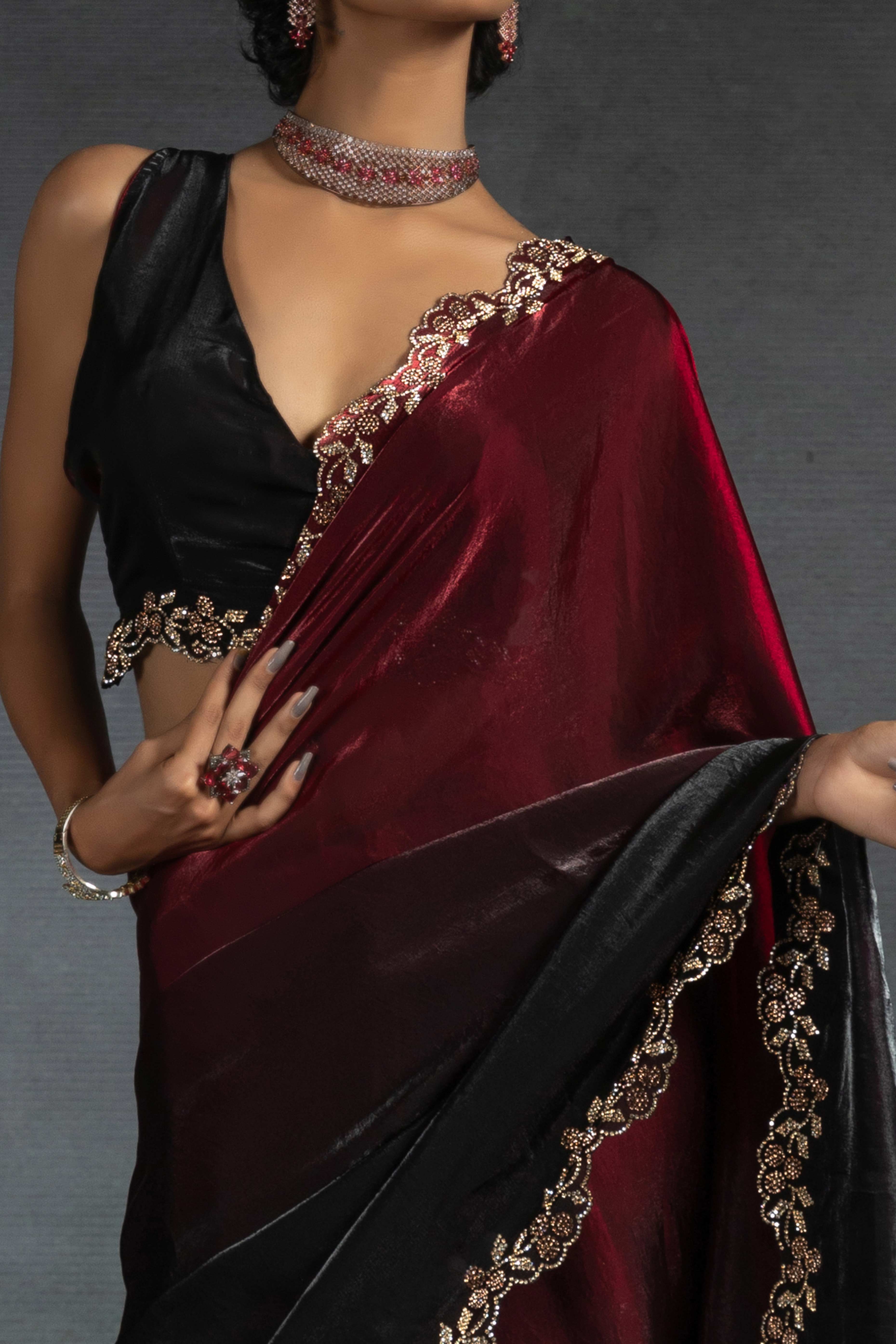 Cherry Red Satin Silk Two Tone Saree with Intricate Zarkan Embellishments - Image 2