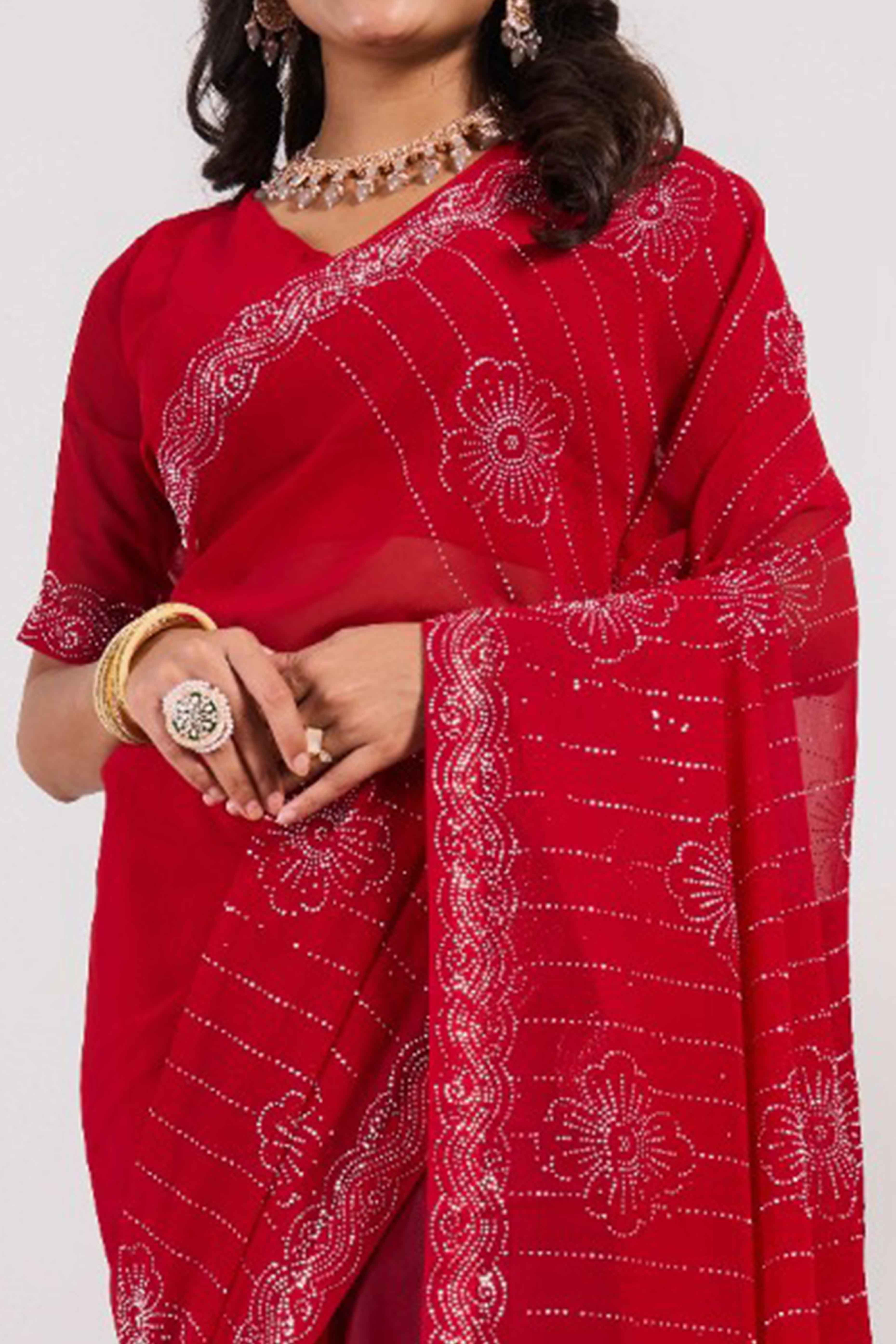 Cherry Red Swarovski Work Georgette Saree - Image 2