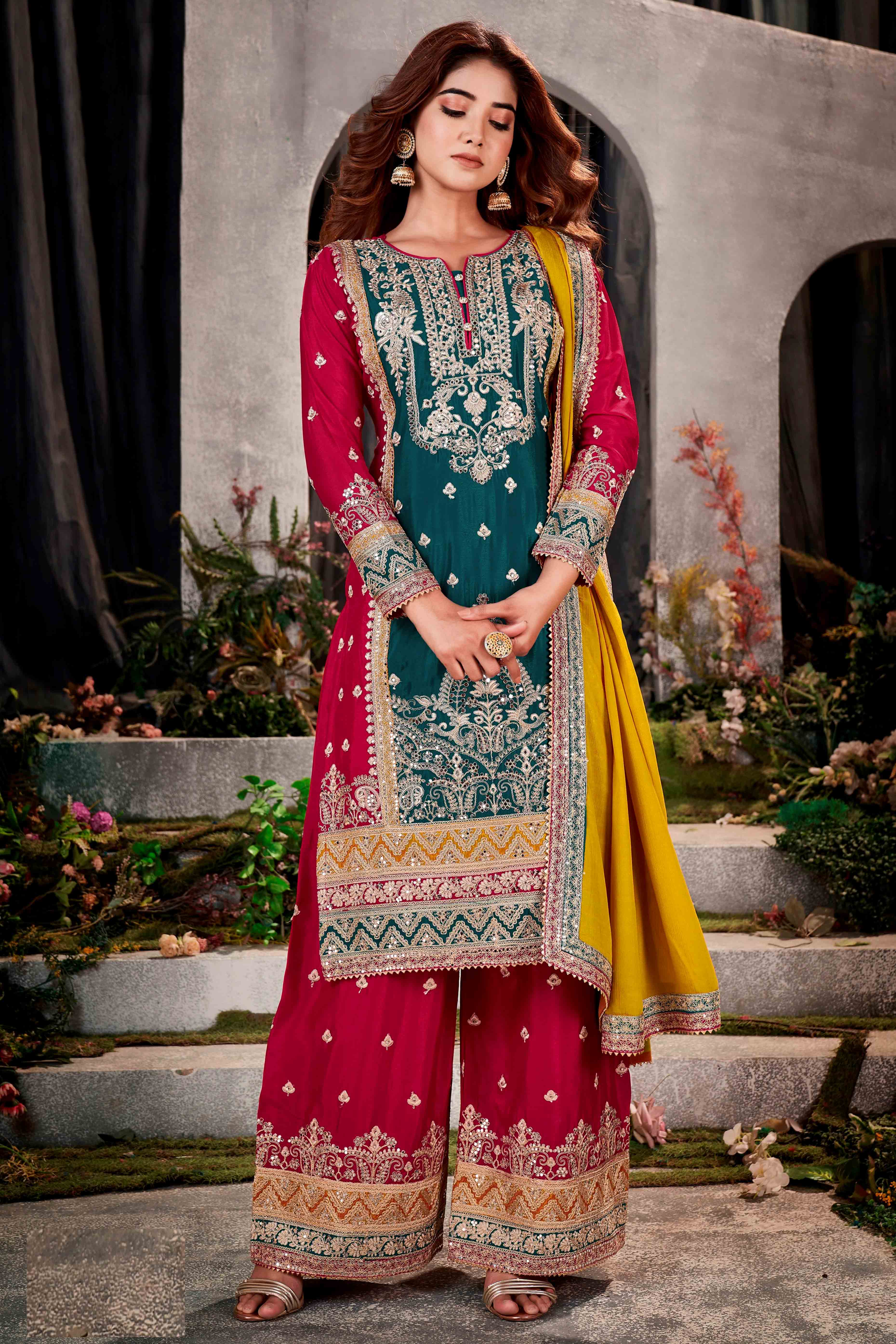 Cherry Red & Teal Green Floral Sequins Embroidered Chinon Silk Semi Stitched Palazzo Suit - Image 3