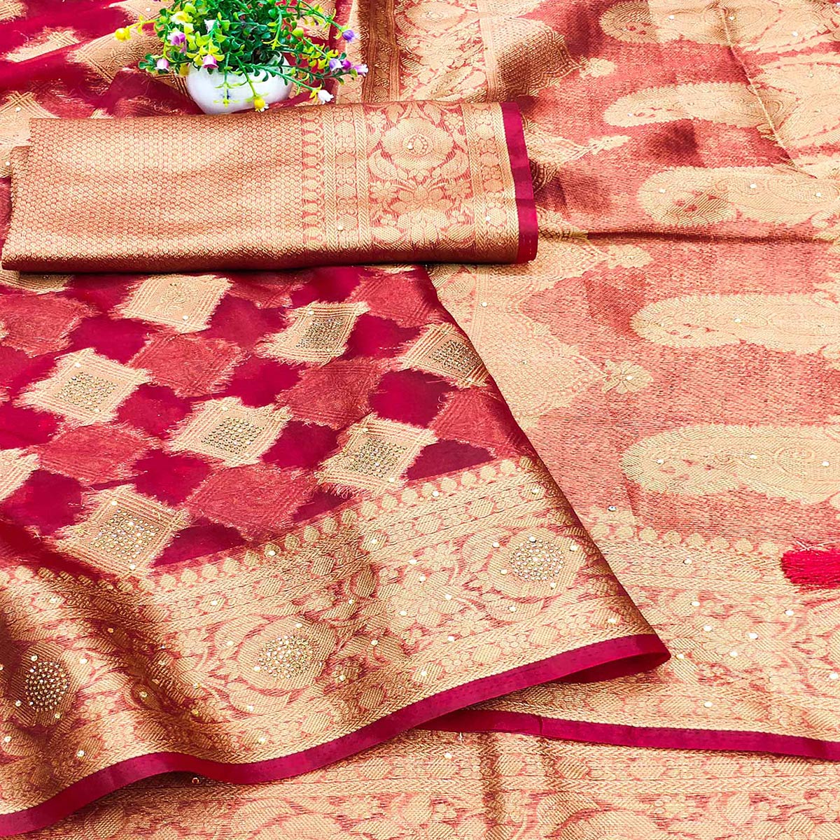 Cherry Red Woven With Stonework Organza Jacquard Saree - Image 2