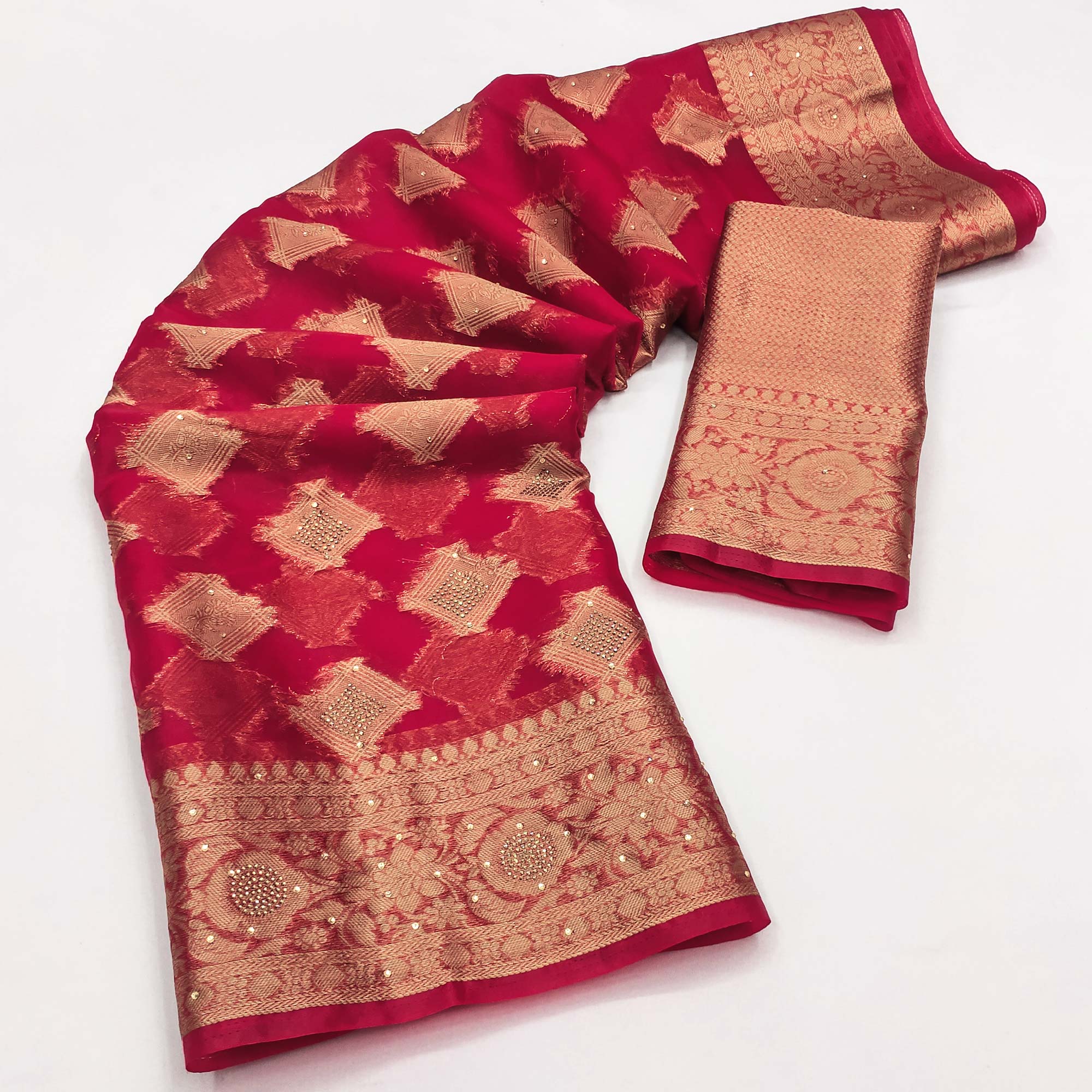 Cherry Red Woven With Stonework Organza Jacquard Saree - Image 3