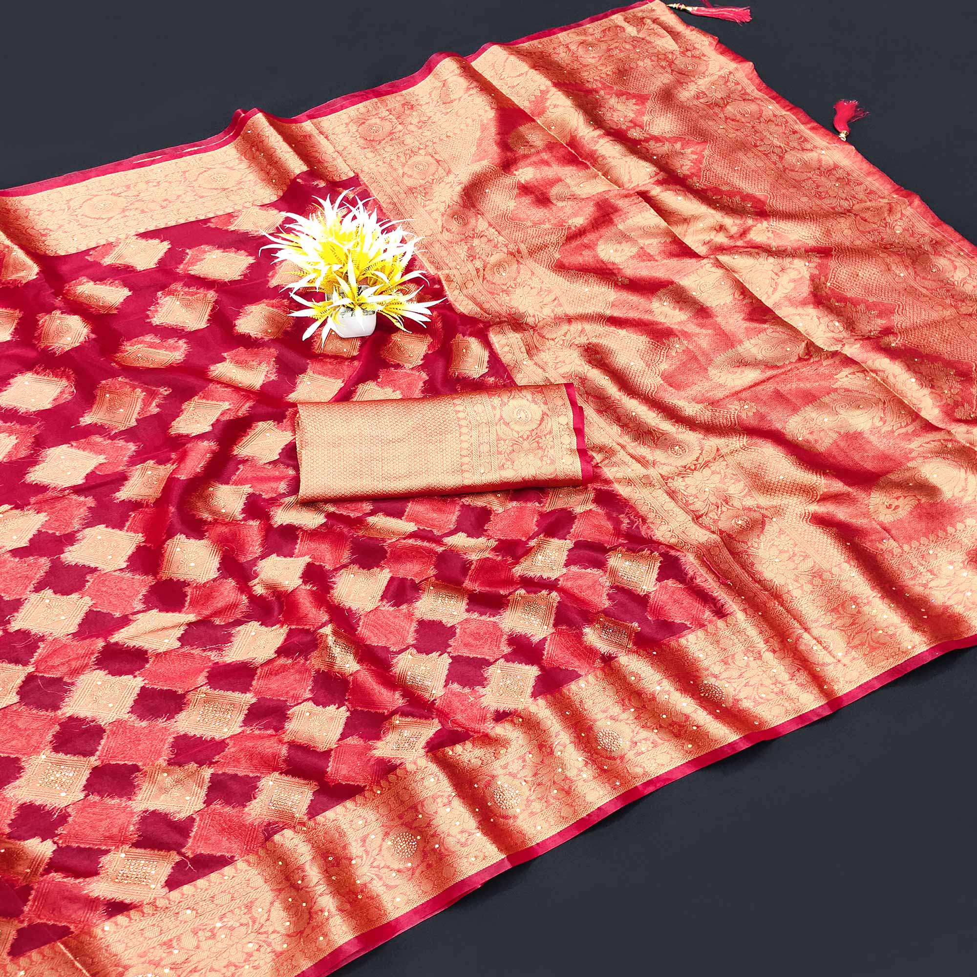 Cherry Red Woven With Stonework Organza Jacquard Saree - Image 4