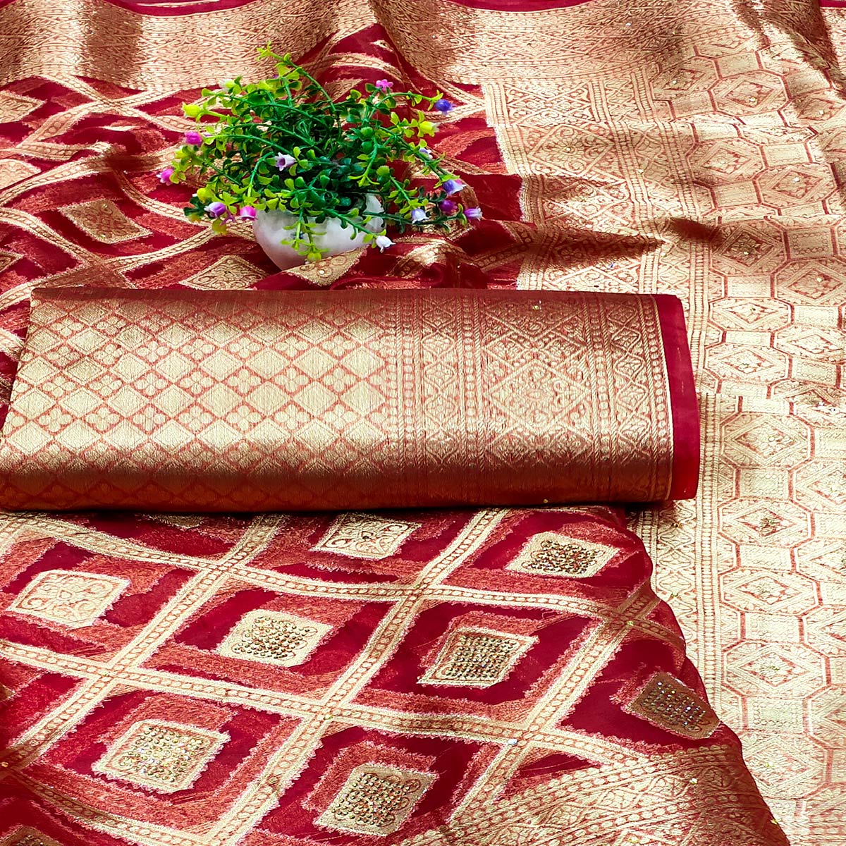 Cherry Red Woven With Stonework Organza Jacquard Saree - Image 2