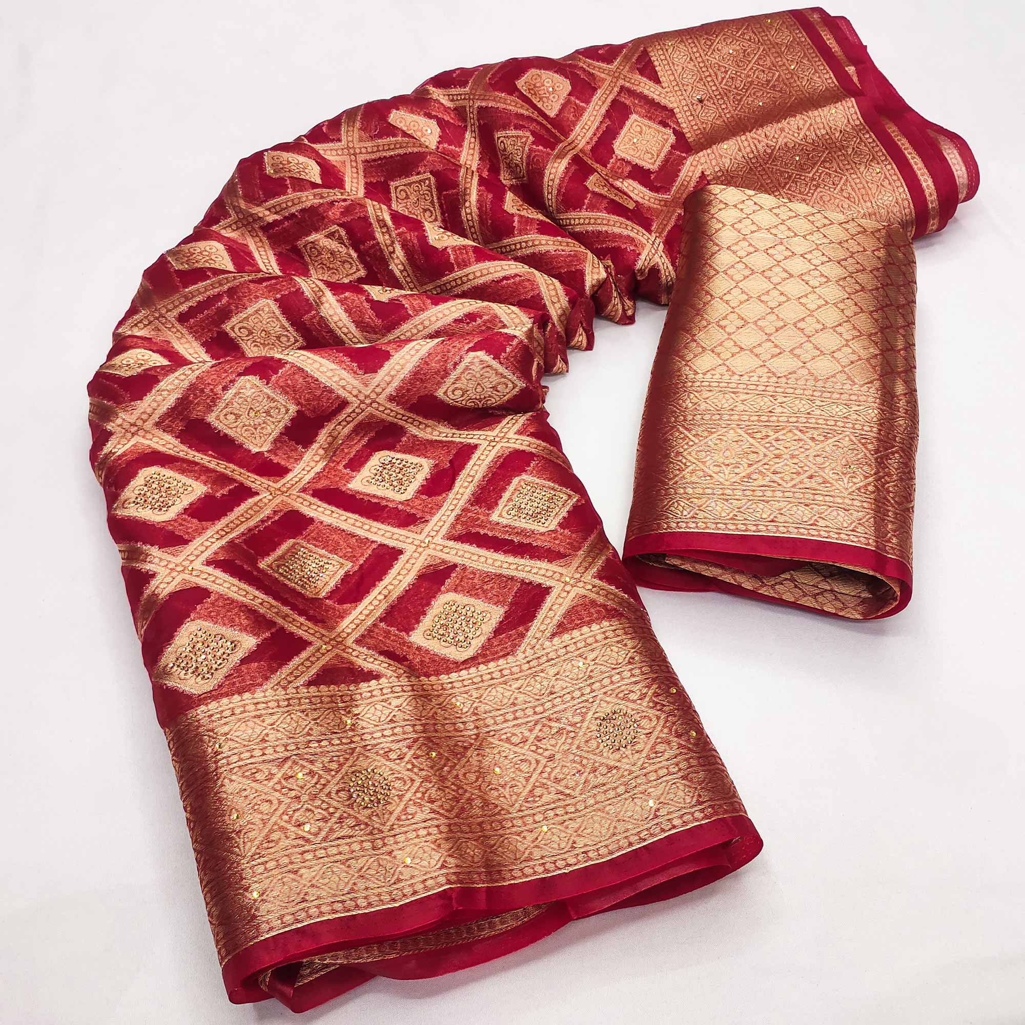 Cherry Red Woven With Stonework Organza Jacquard Saree - Image 3